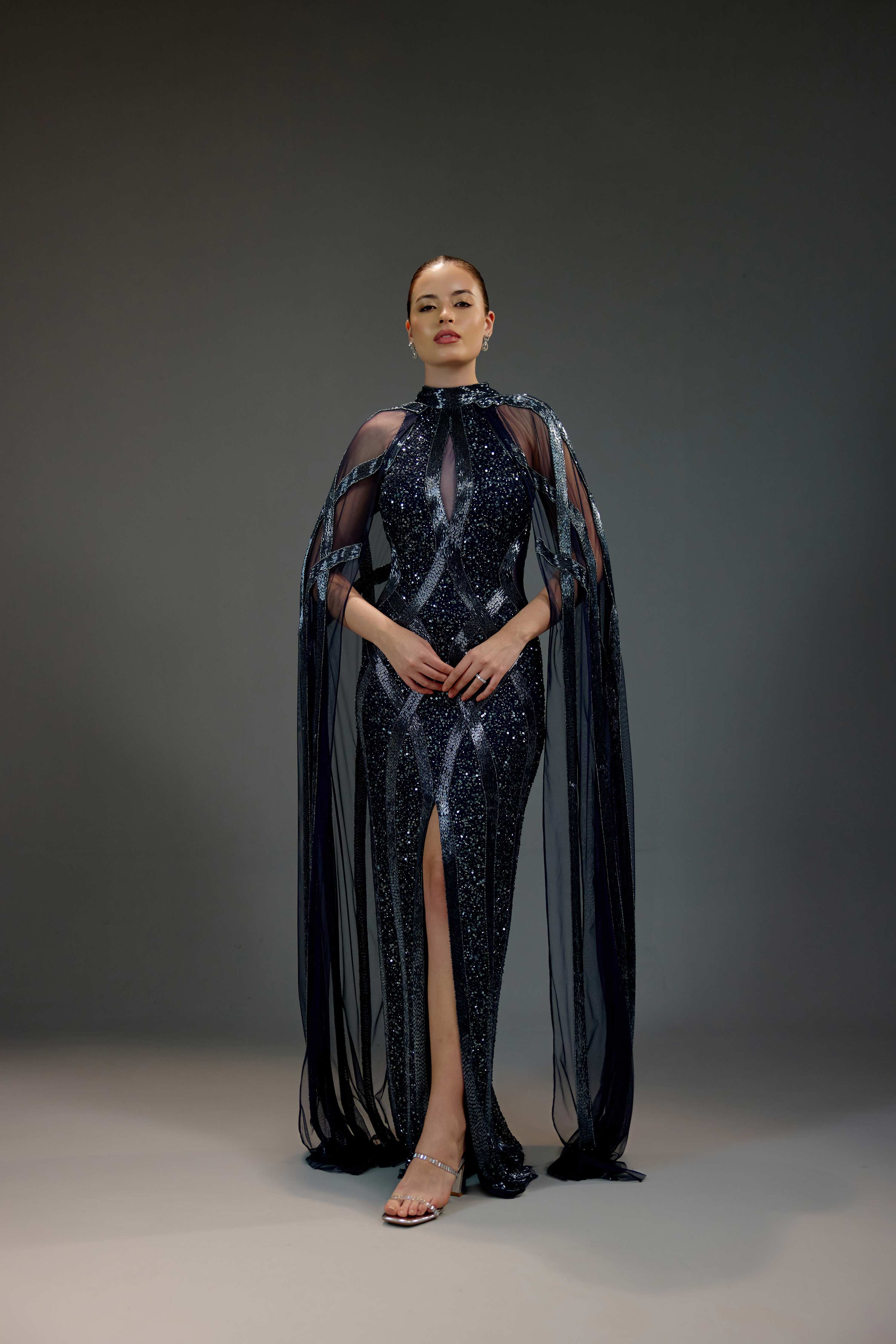 Midnight Blue Cape Sequin Maxi Dress