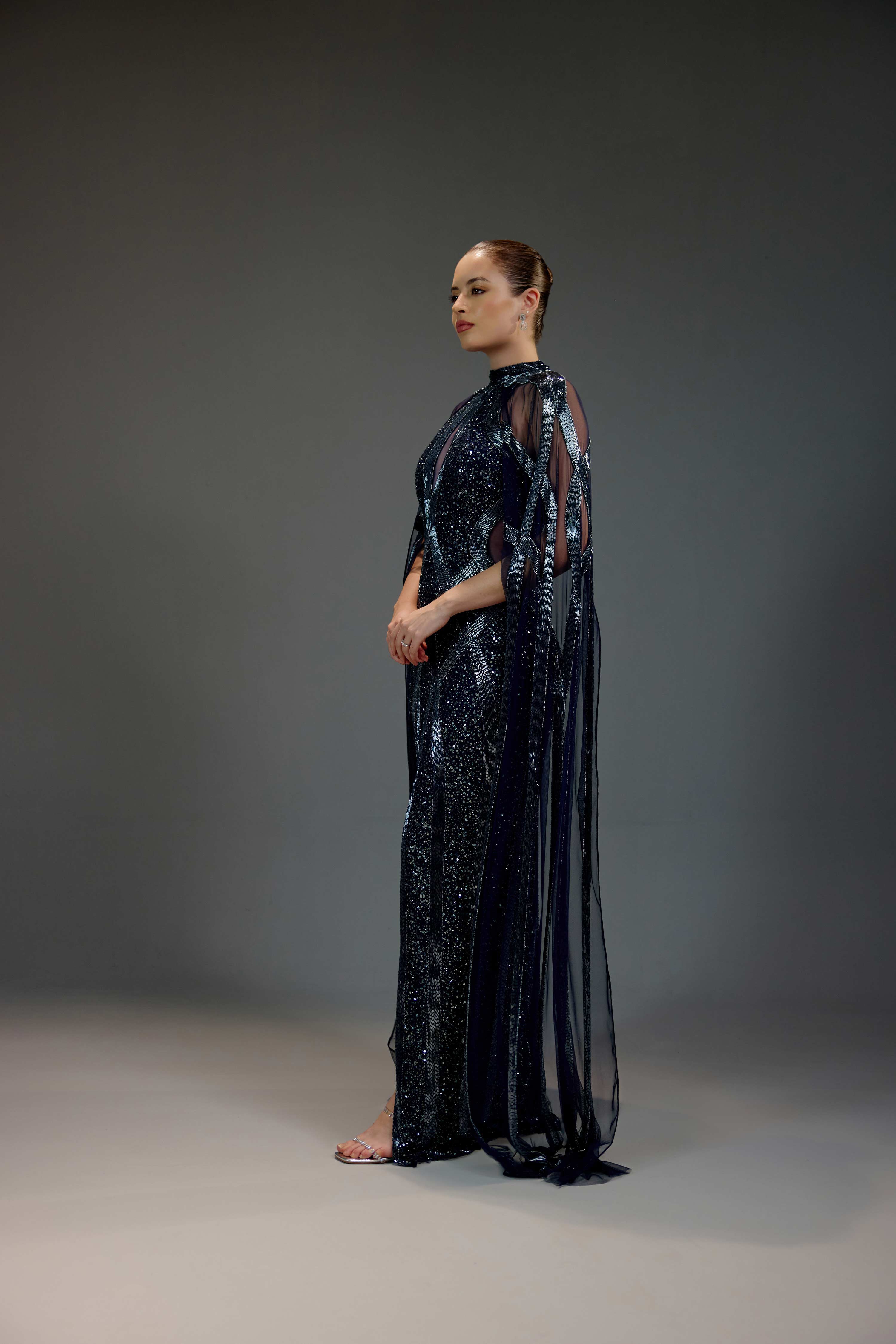 Midnight Blue Cape Sequin Maxi Dress