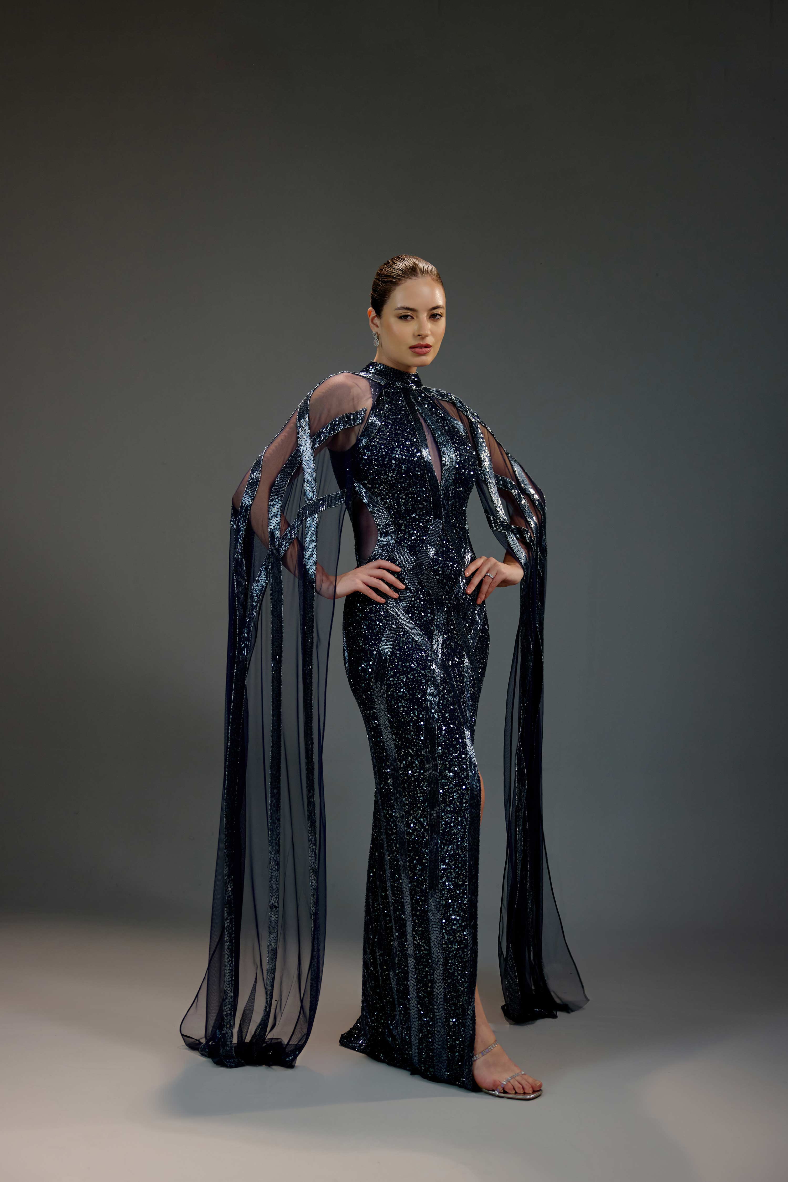 Midnight Blue Cape Sequin Maxi Dress