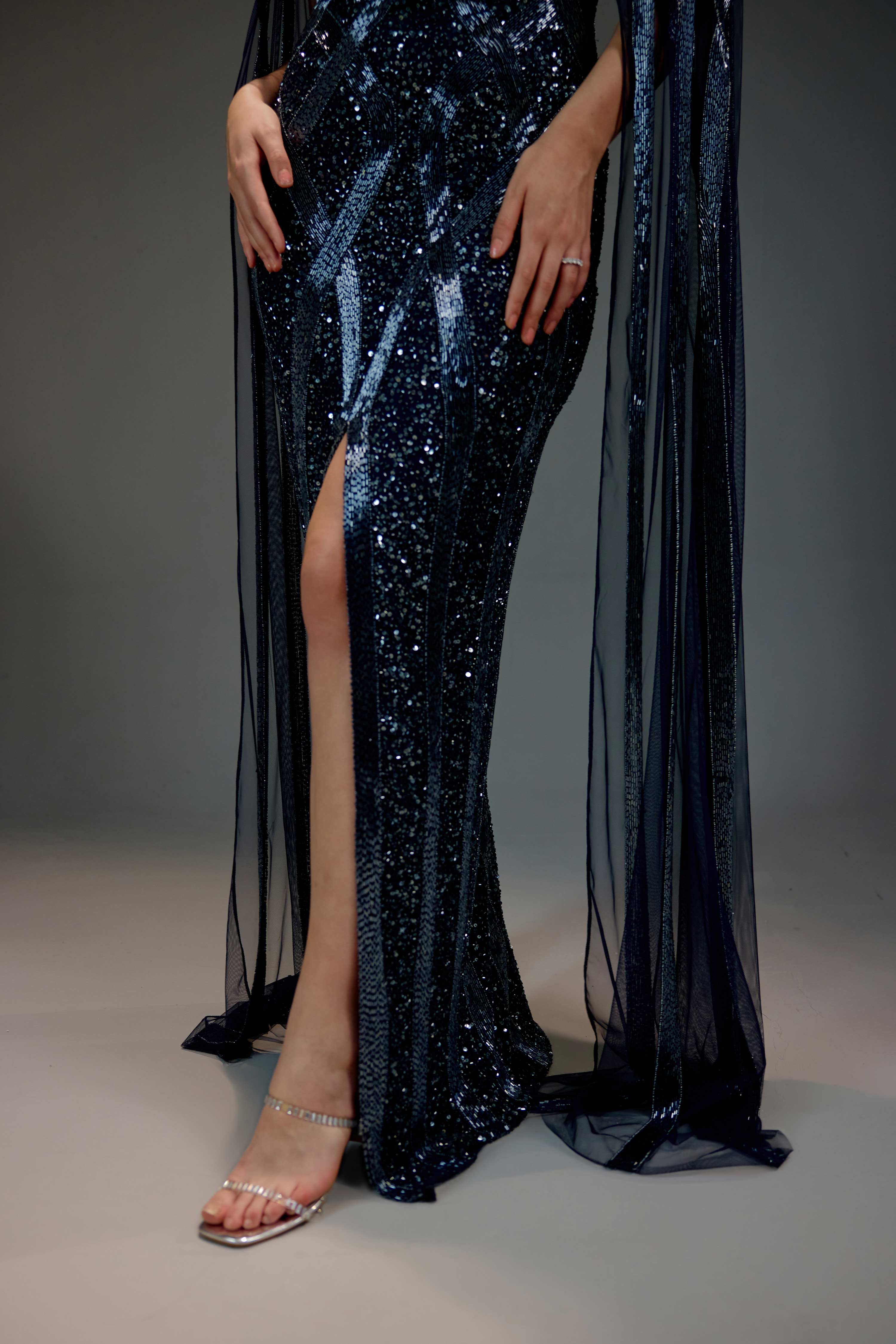 Midnight Blue Cape Sequin Maxi Dress
