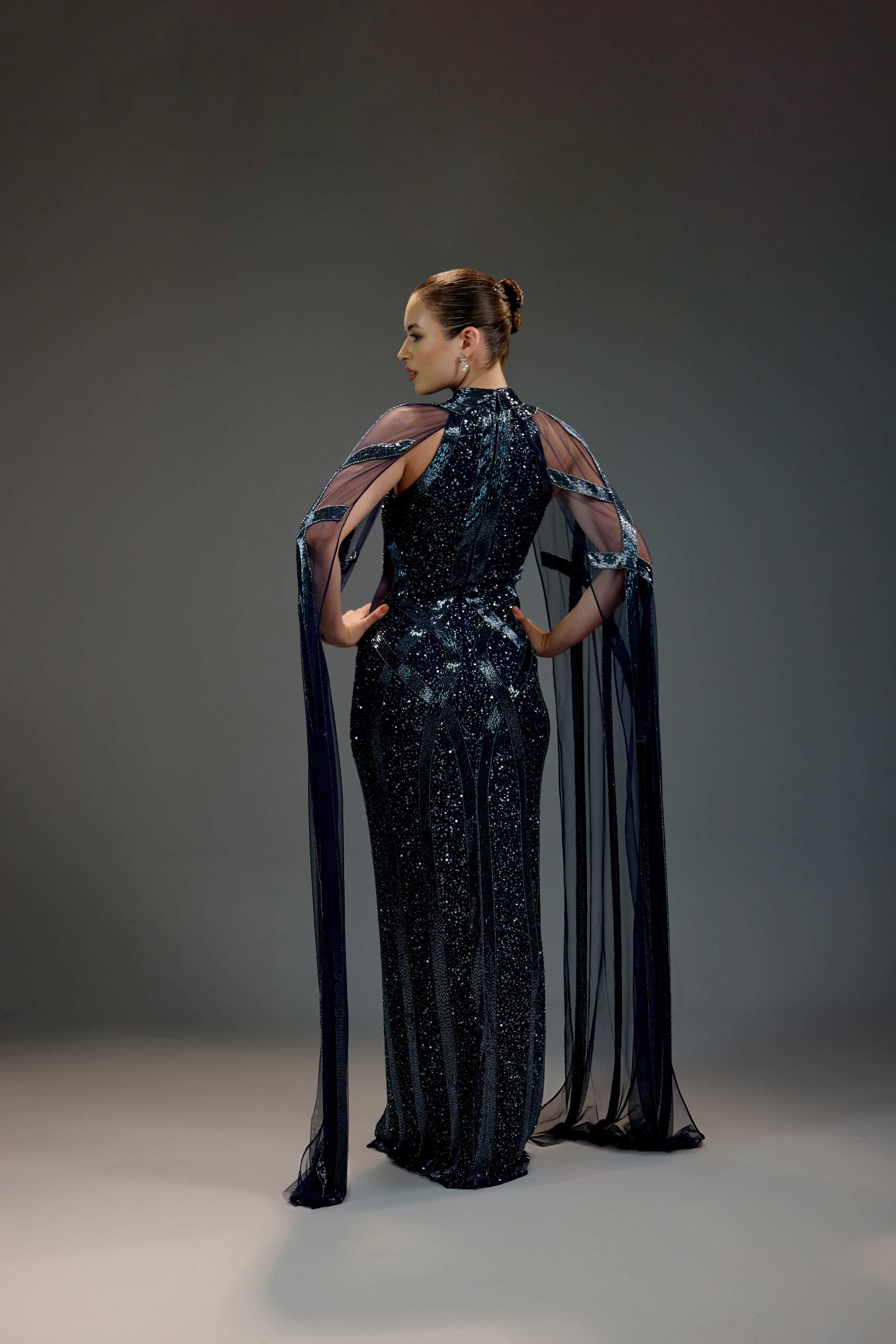 Midnight Blue Cape Sequin Maxi Dress