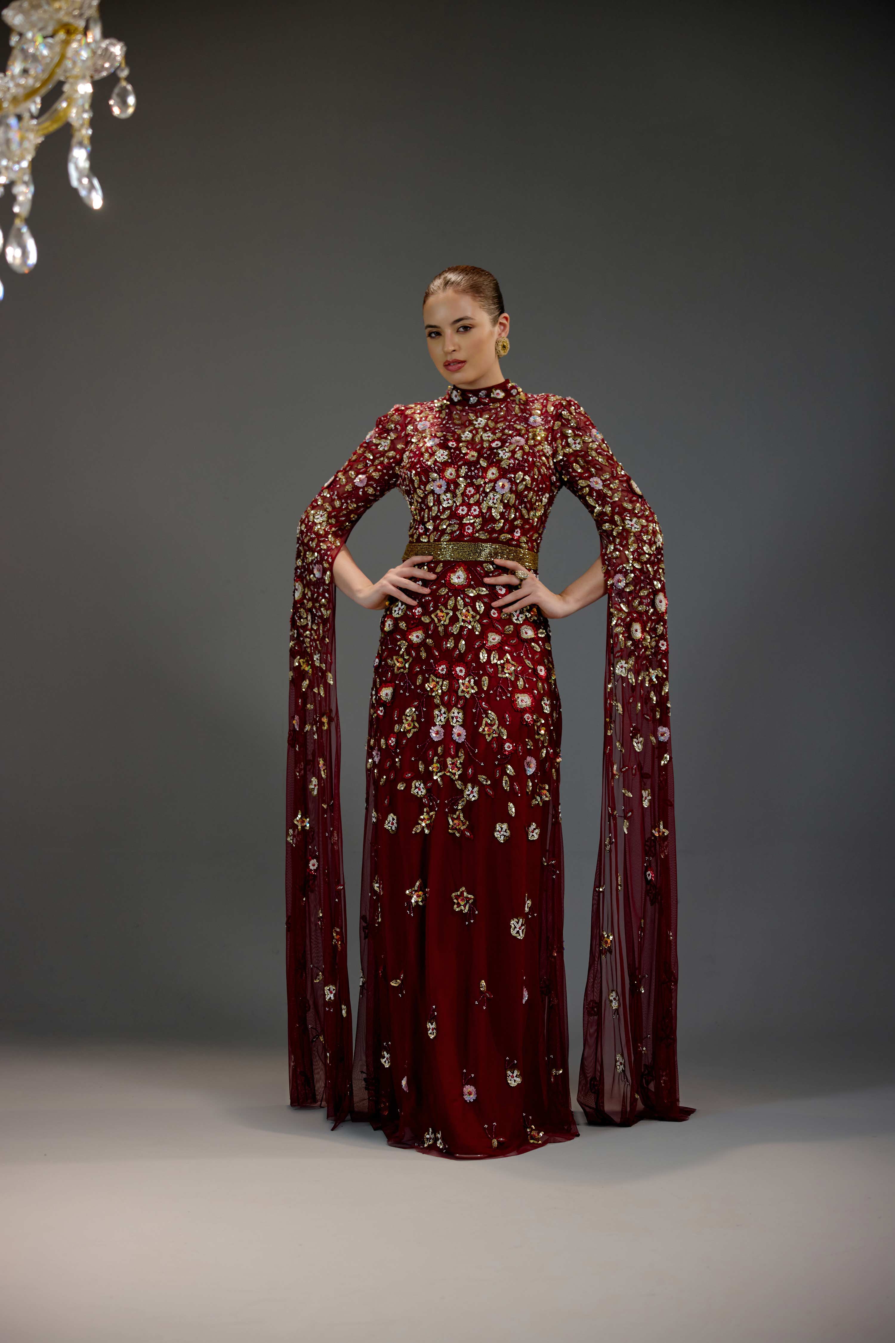 Red Floral Sequin Maxi Dress