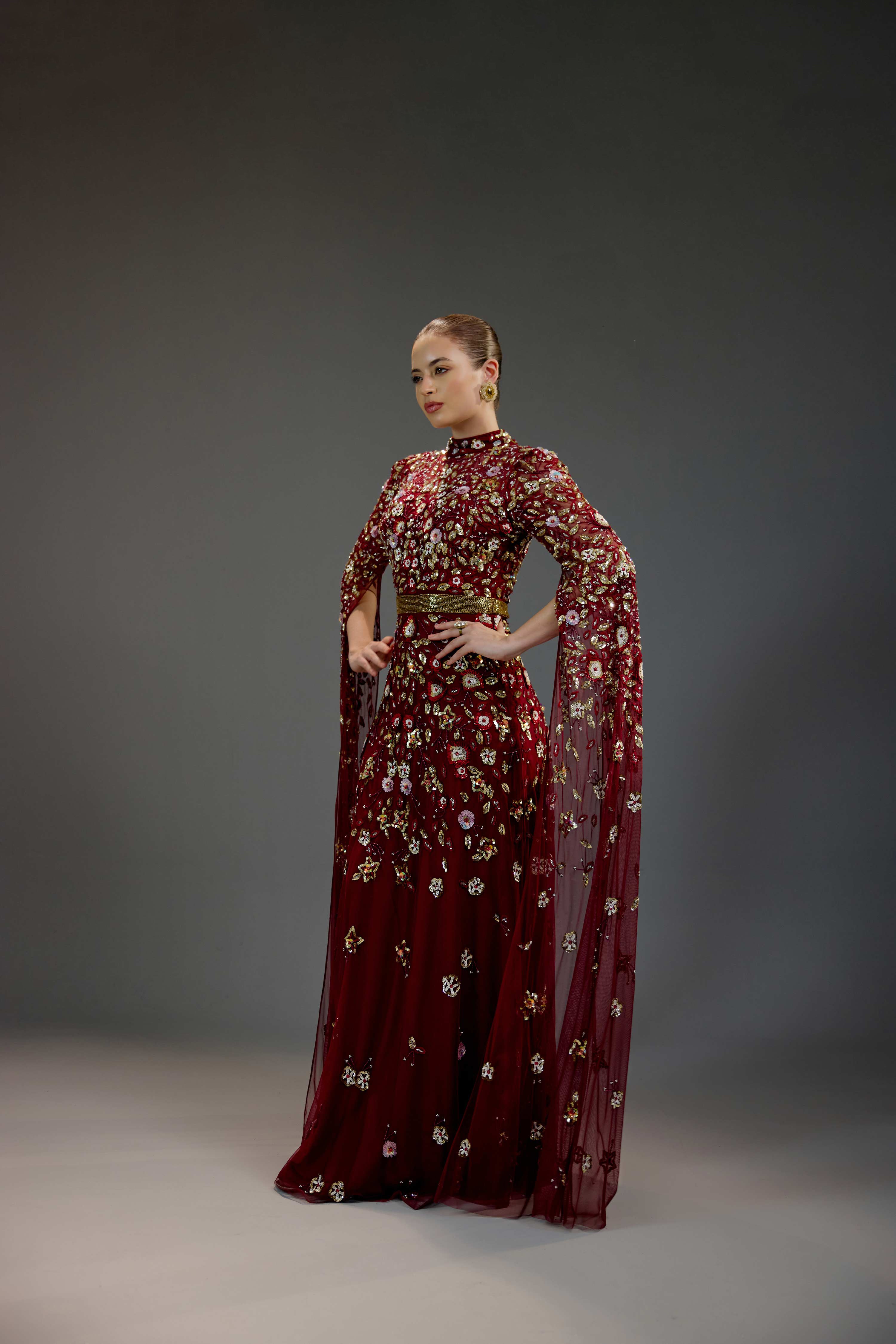 Red Floral Sequin Maxi Dress