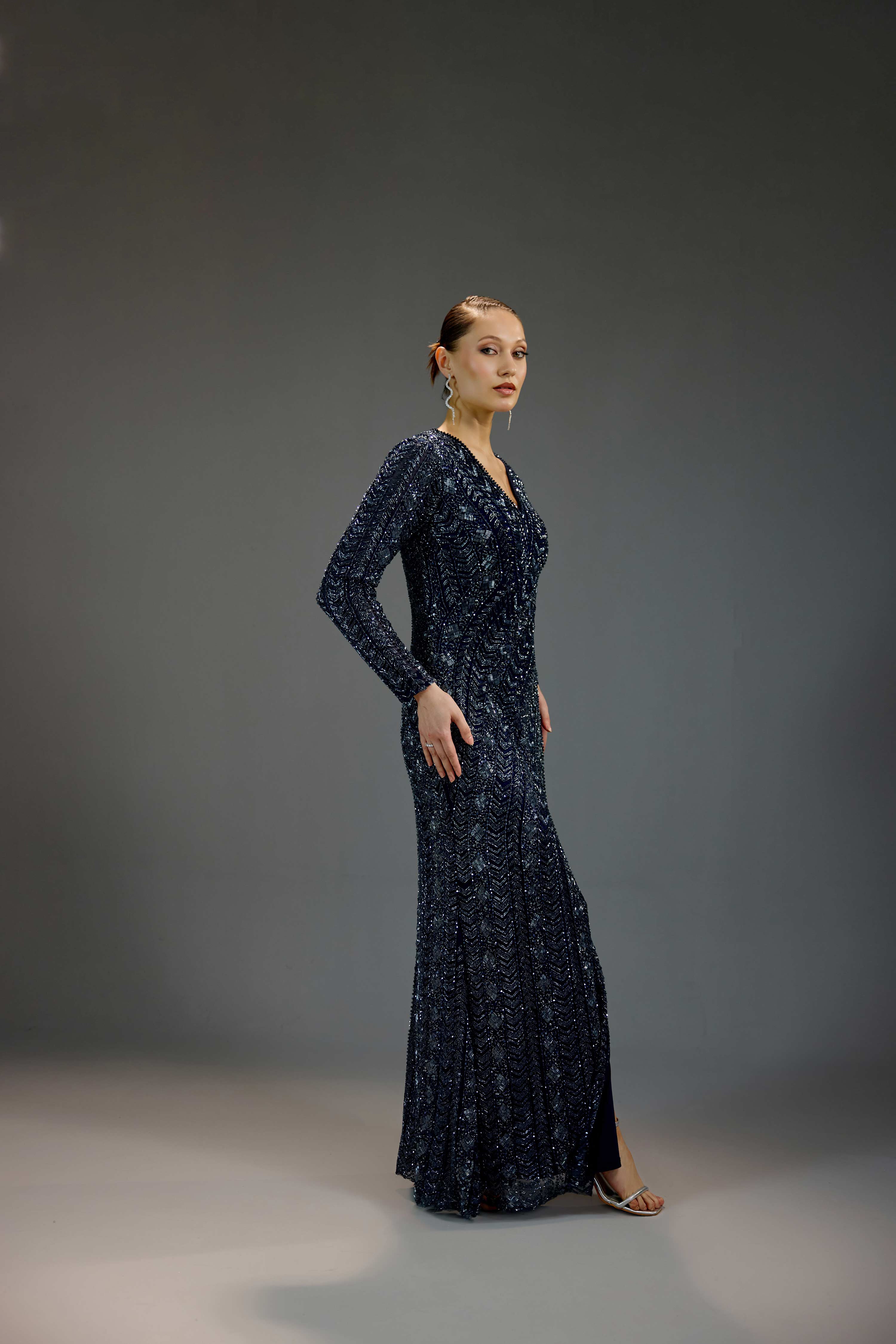 Navy Blue V-Neck Wrap Maxi Dress