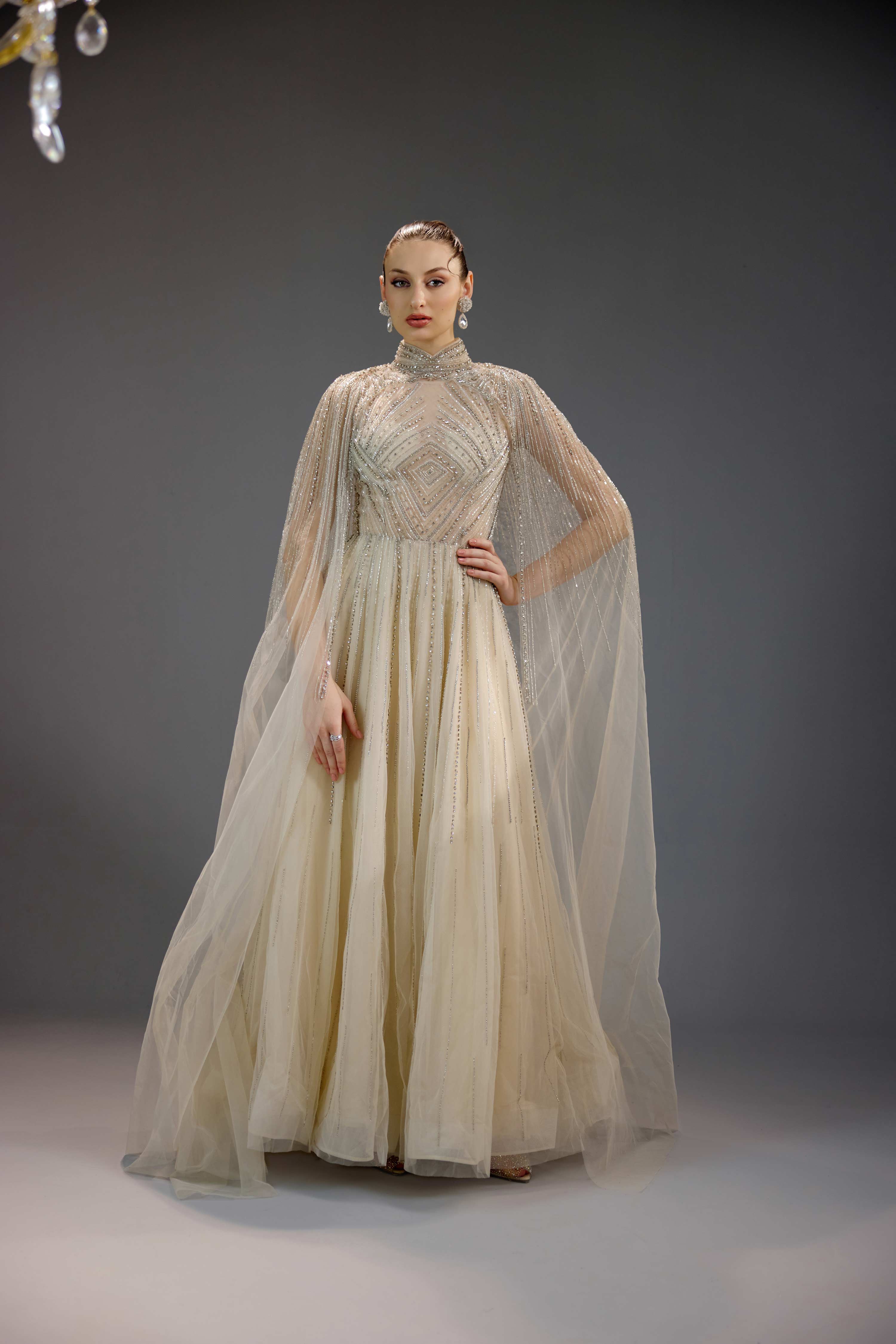 Ivory Pearl Chain Draped High Neck Maxi Dress