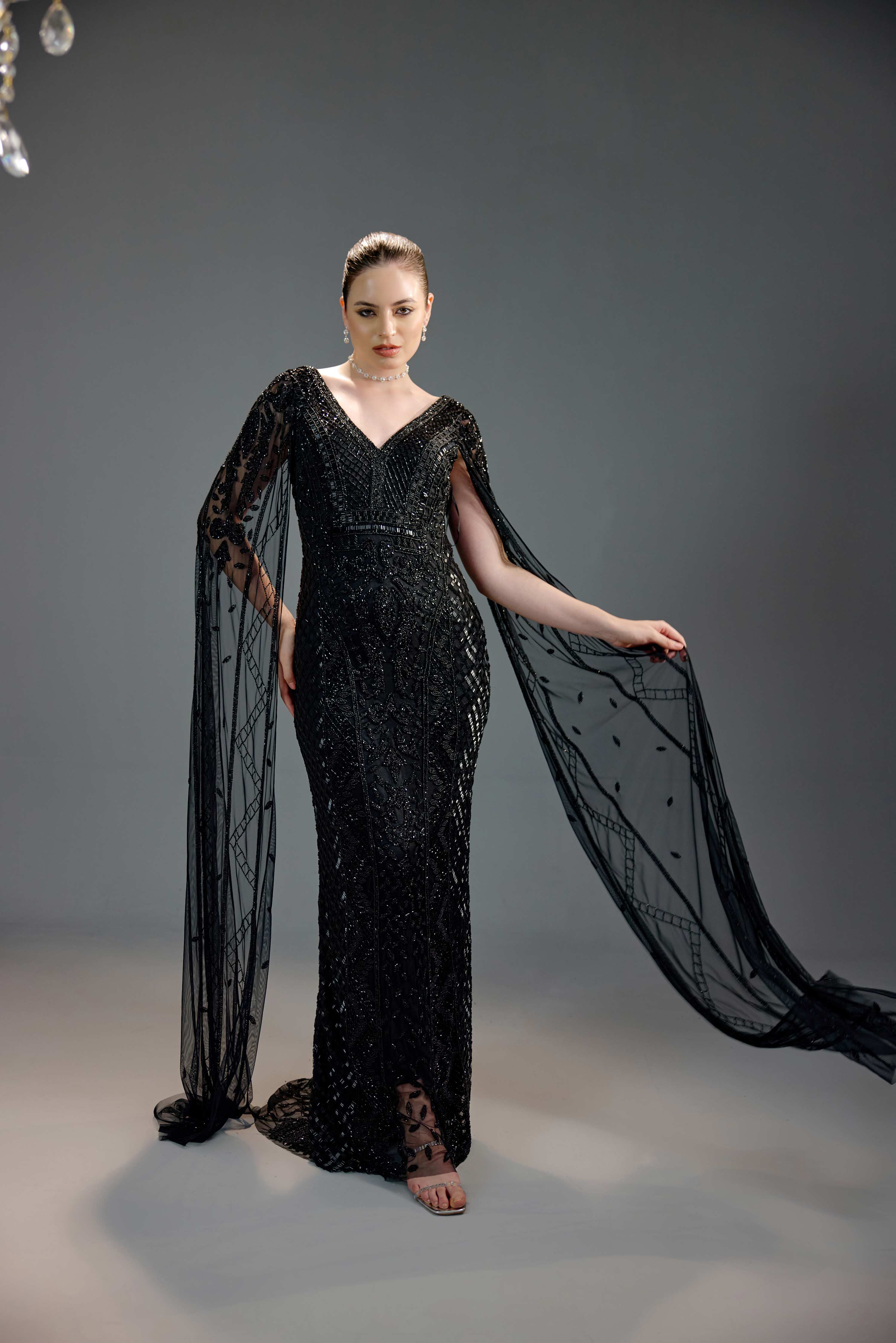 Black V-Neck Cape Sequin Maxi Dress