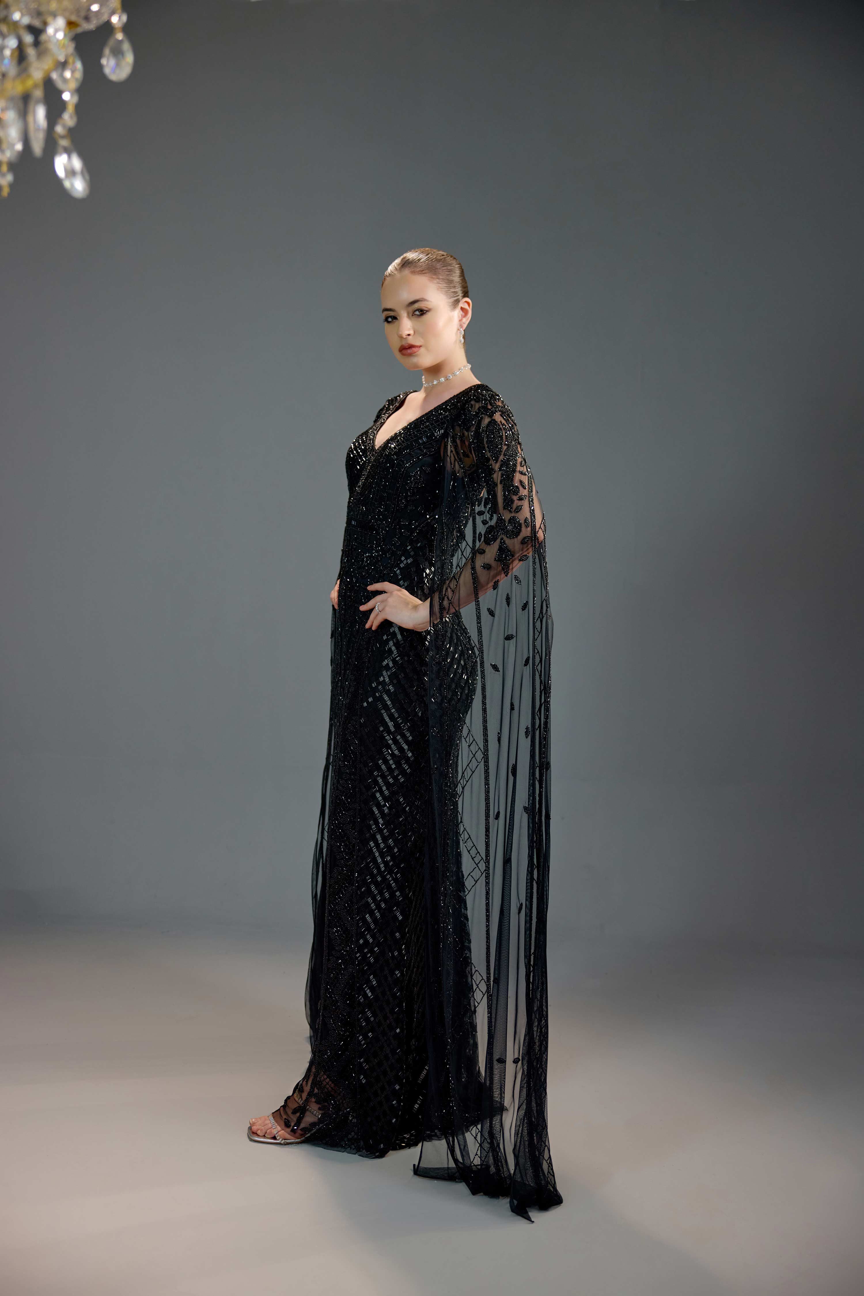 Black V-Neck Cape Sequin Maxi Dress