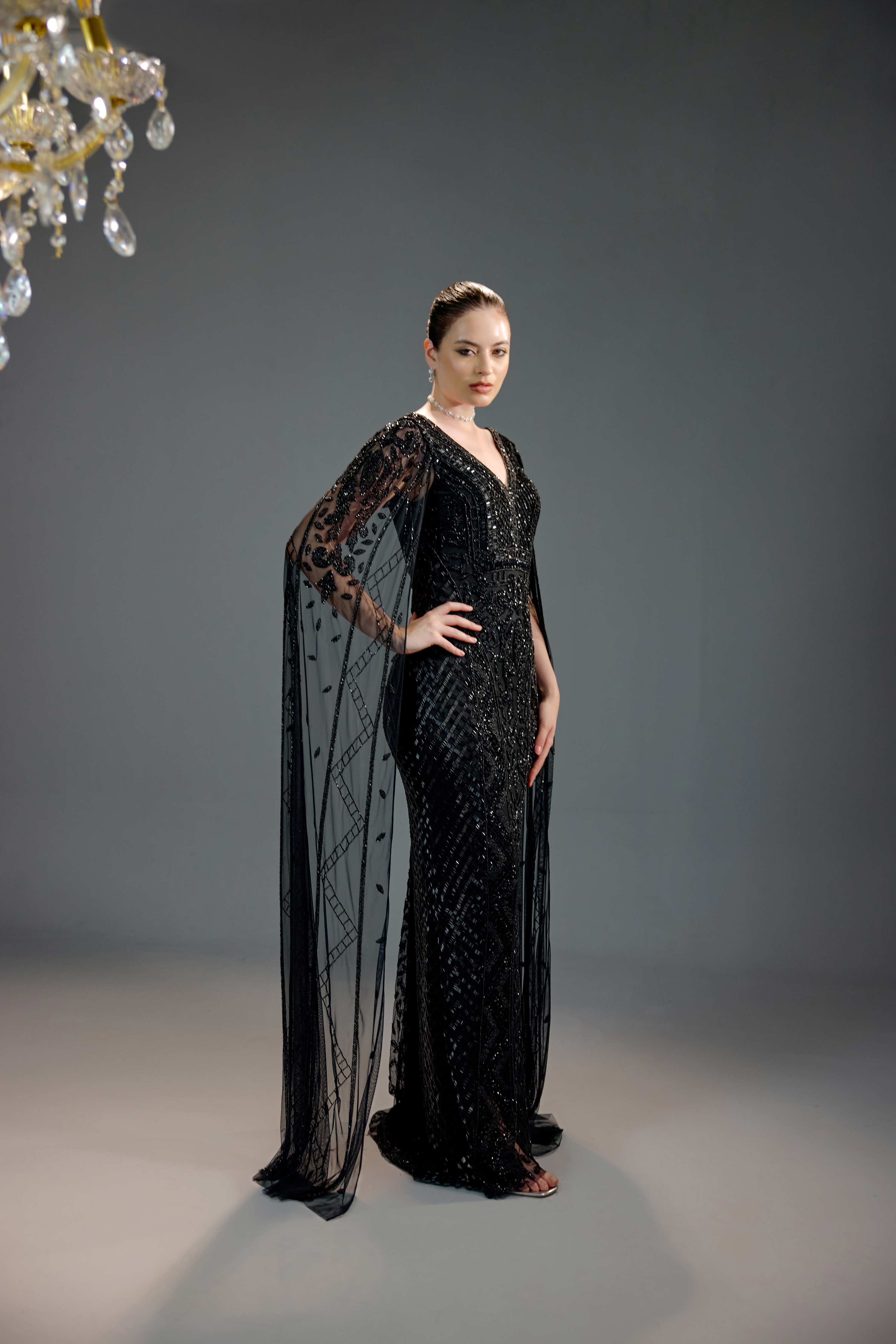 Black V-Neck Cape Sequin Maxi Dress