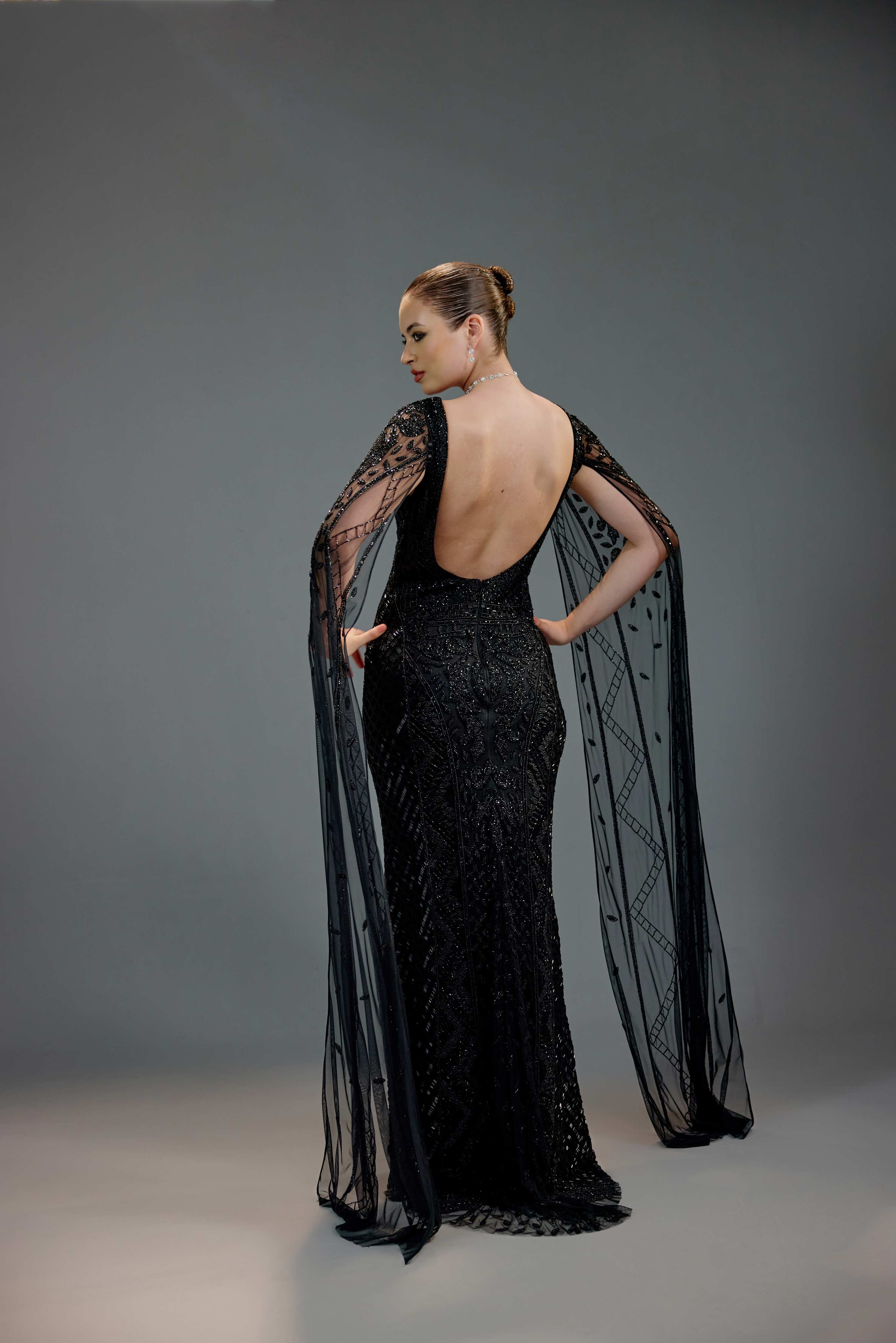 Black V-Neck Cape Sequin Maxi Dress