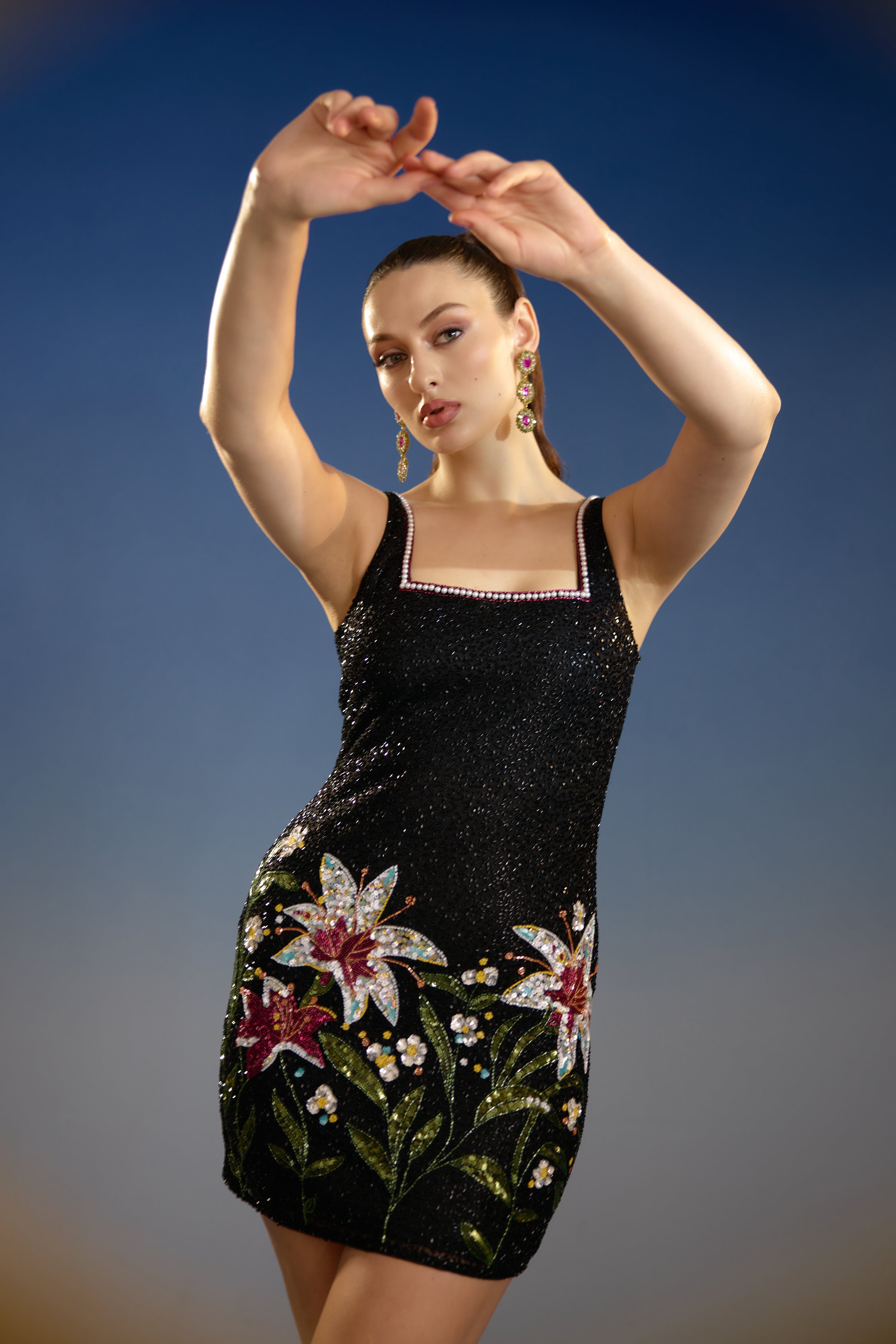 Black Lily Floral Sequin Mini Dress