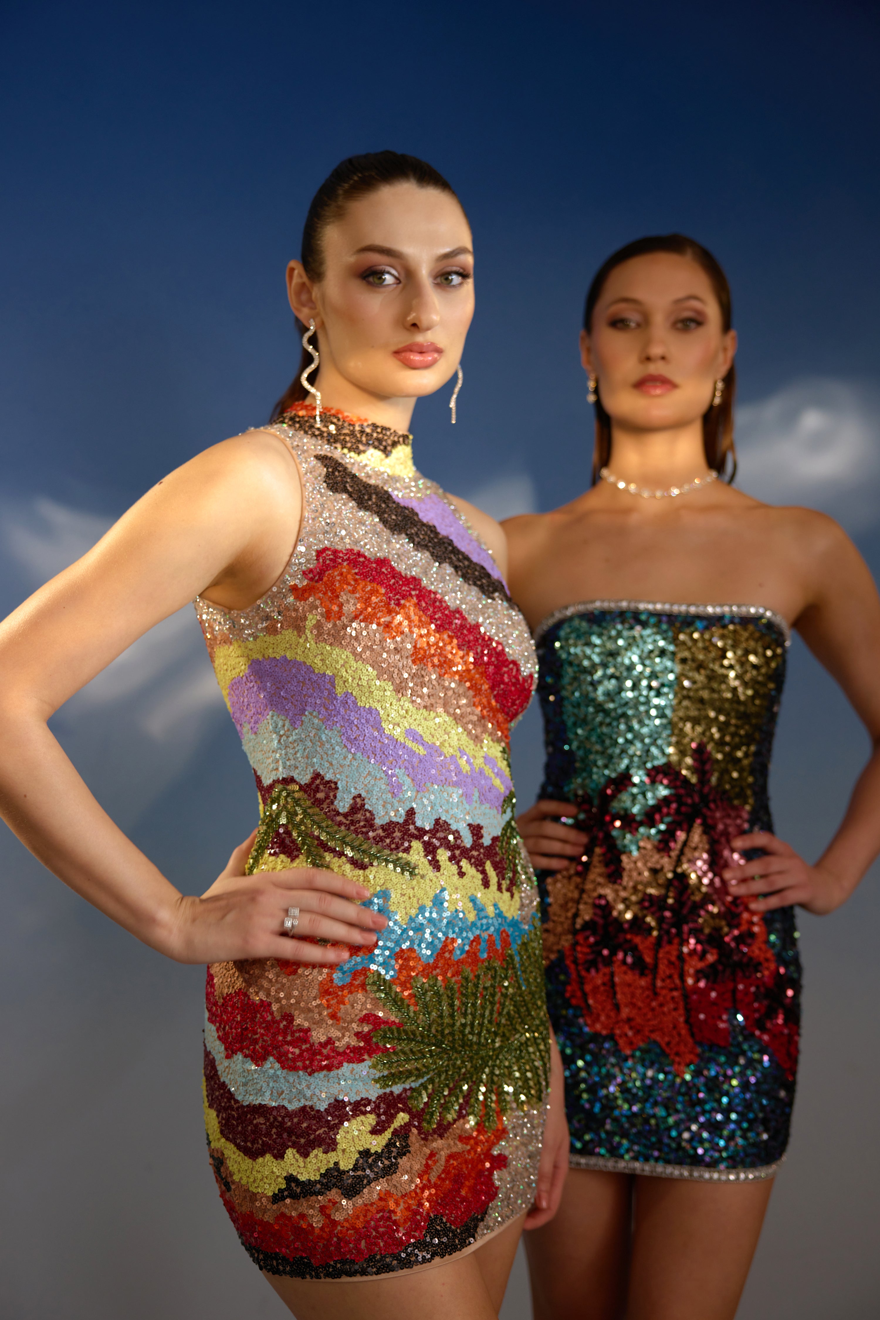 Tropical Palm Strapless Sequin Mini Dress