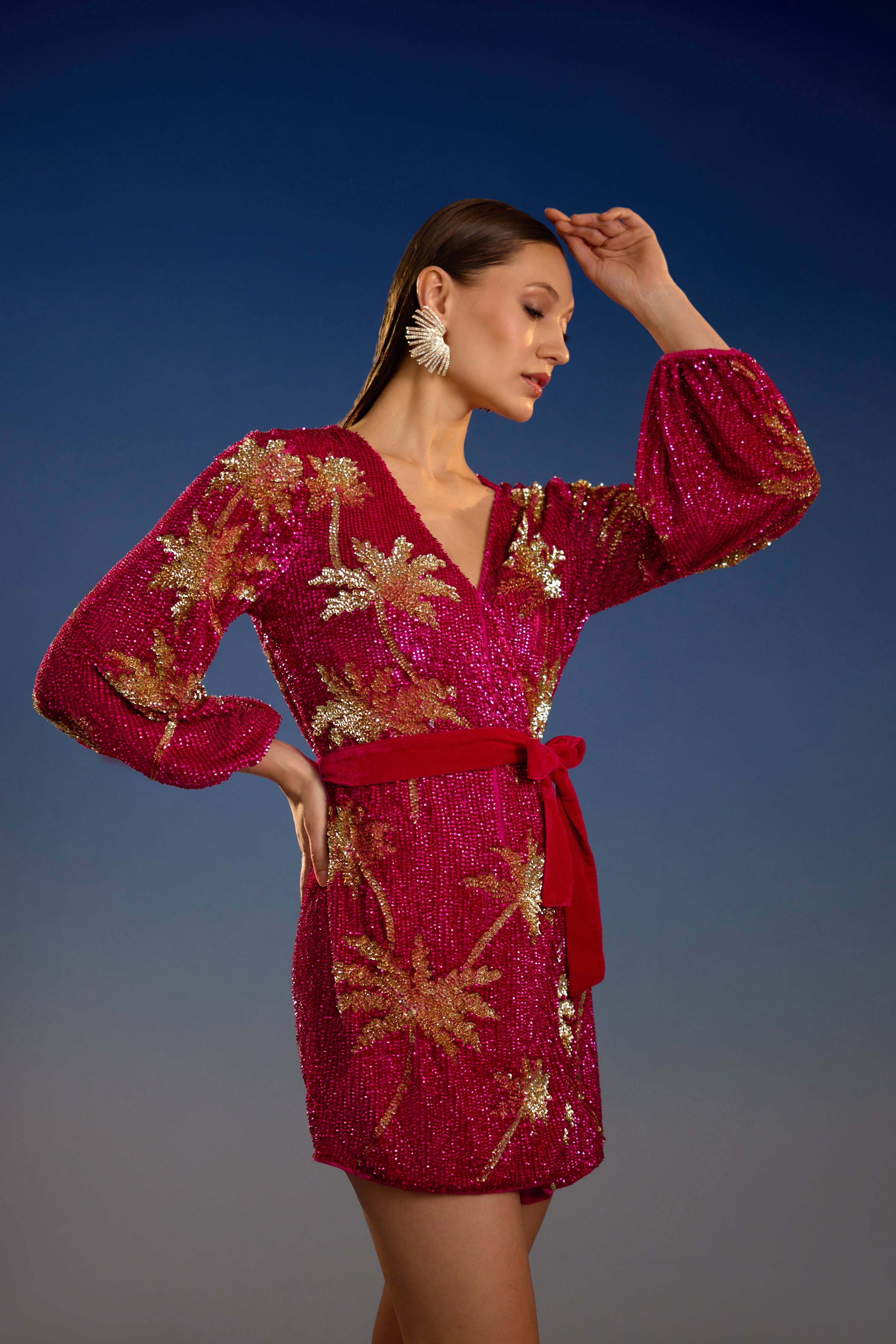 Crimson Palm Sunset Luxe mini dress