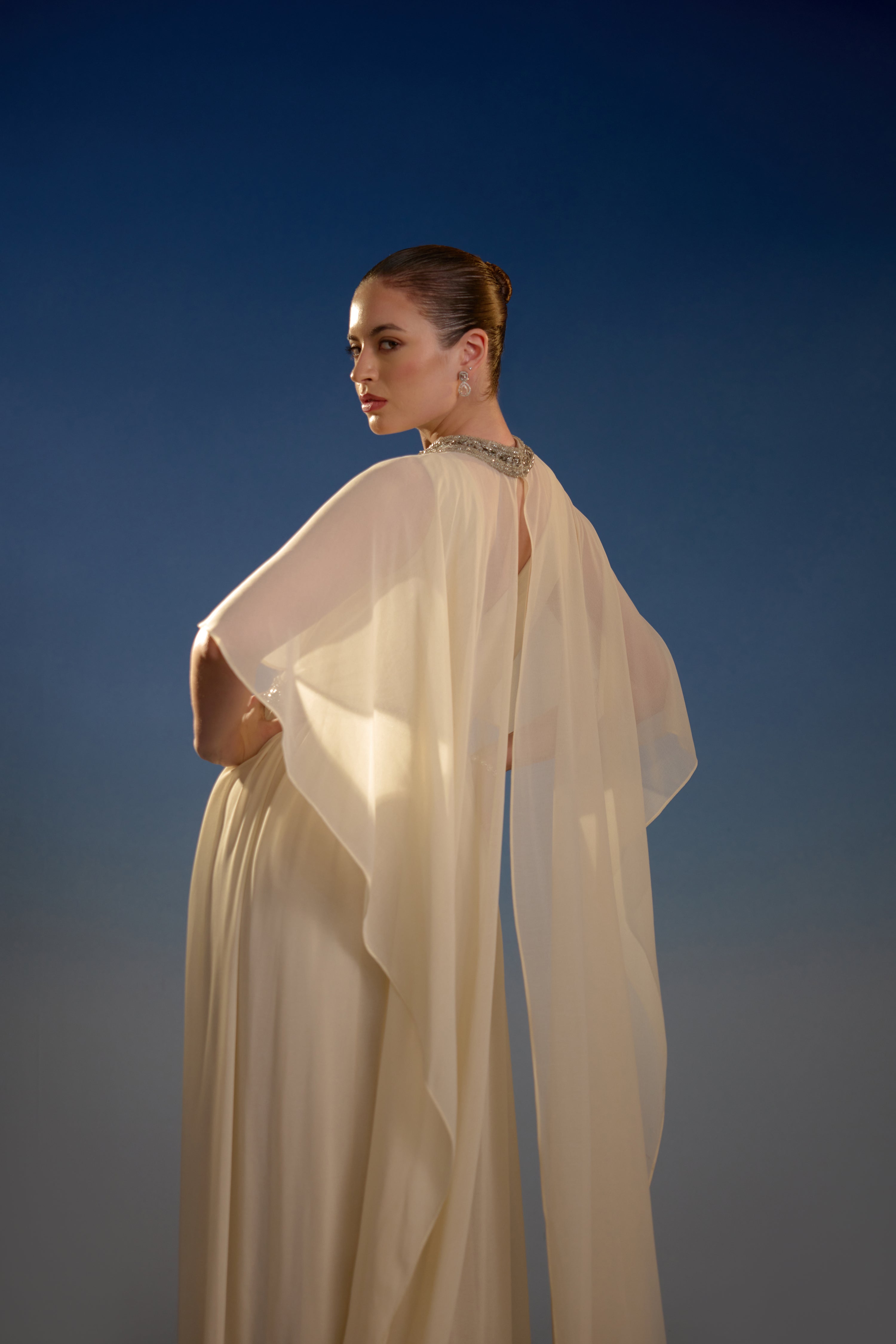 Ivory Embellished Cape Sleeve Maxi Dress