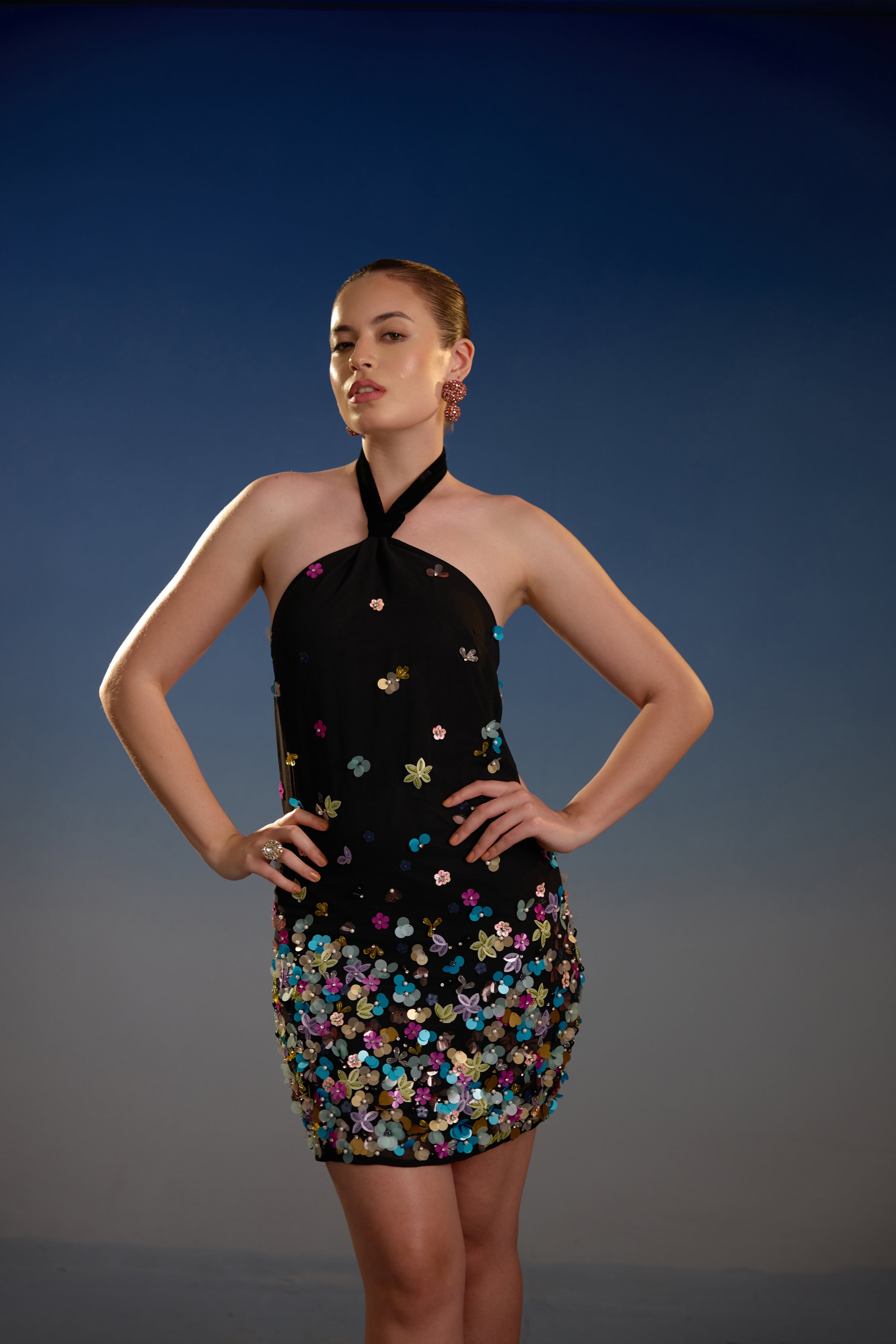 Black Sequin Halter Mini Dress