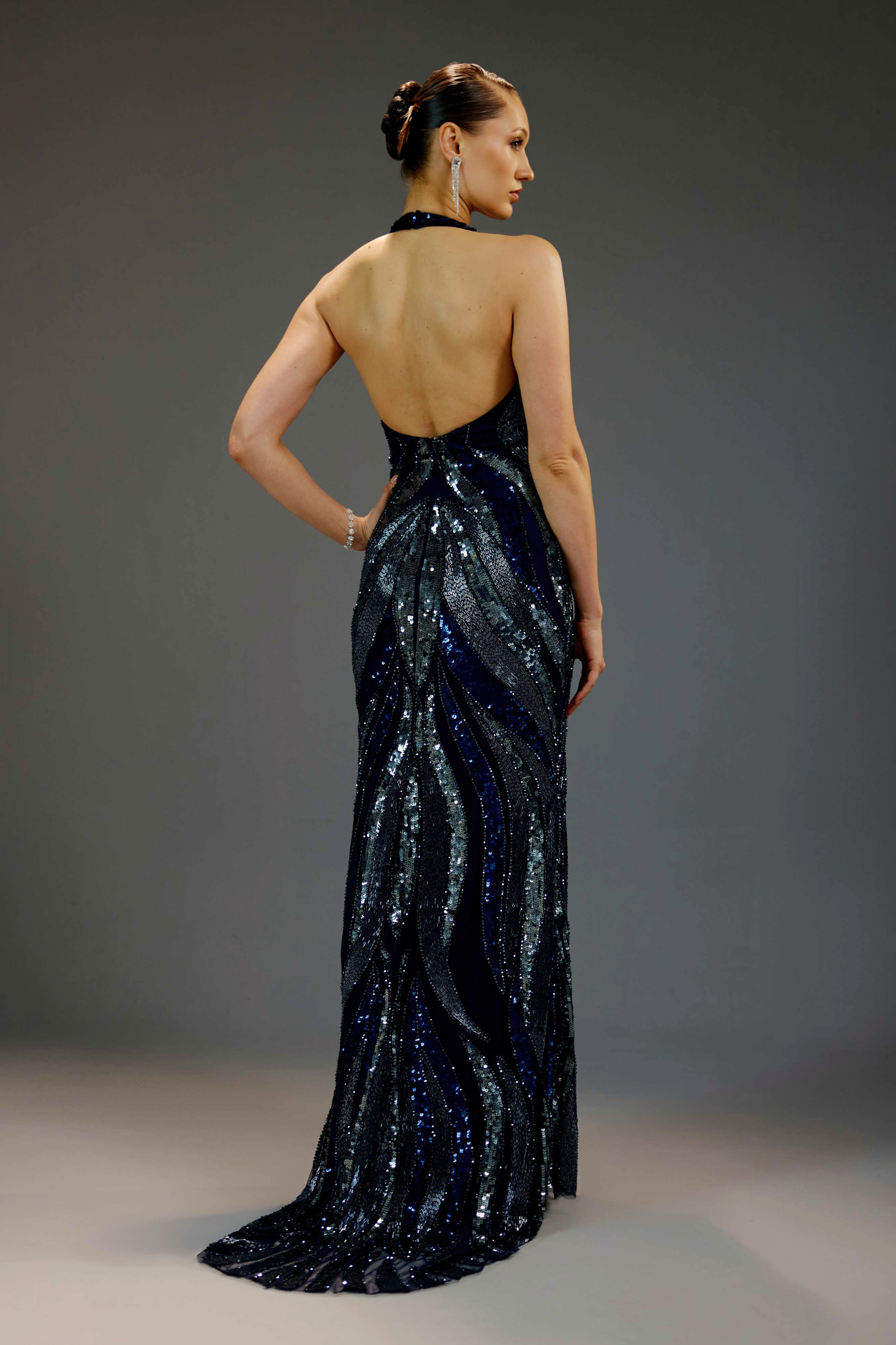 Midnight Blue Deep V Halter Sequin Maxi Dress