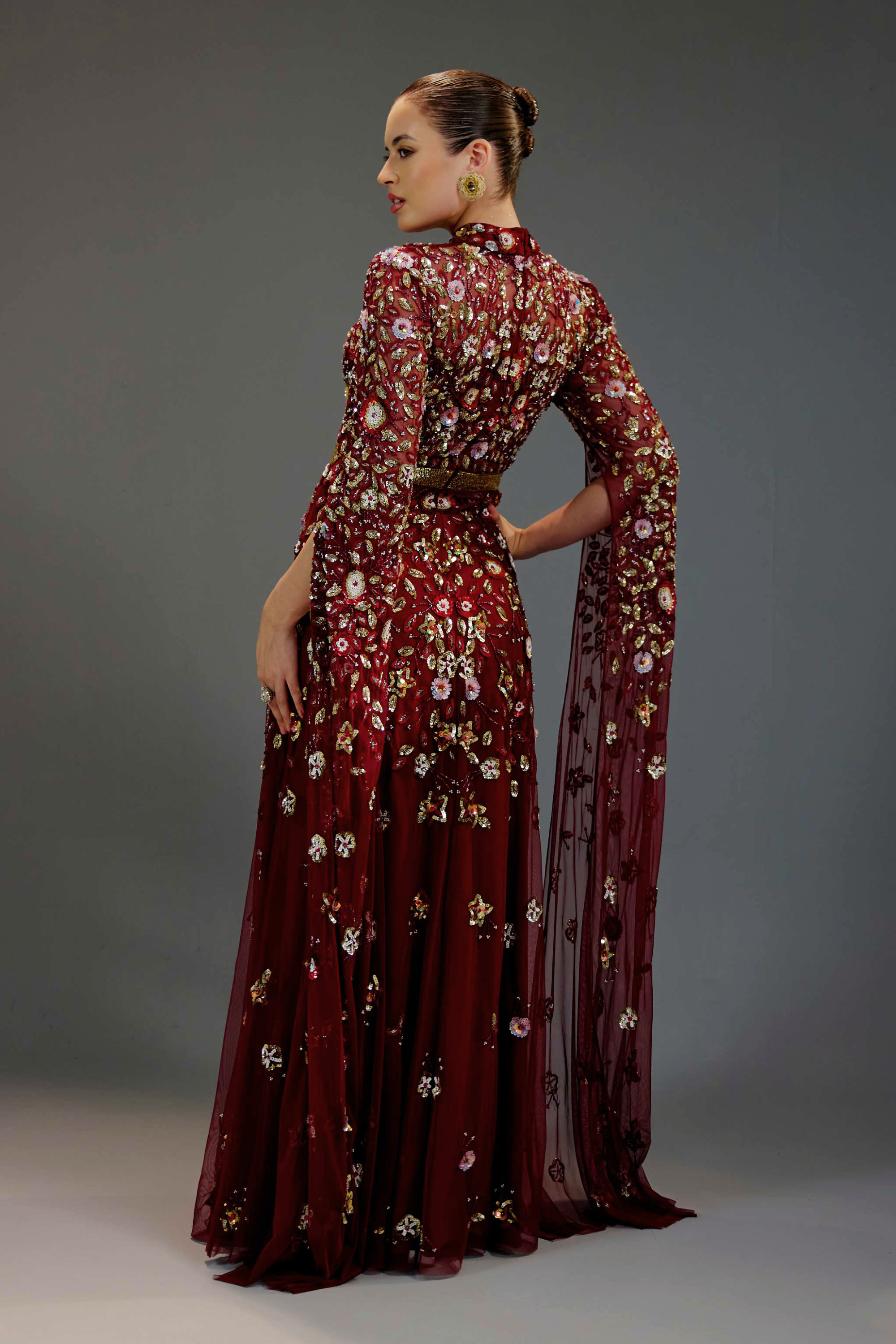 Red Floral Sequin Maxi Dress