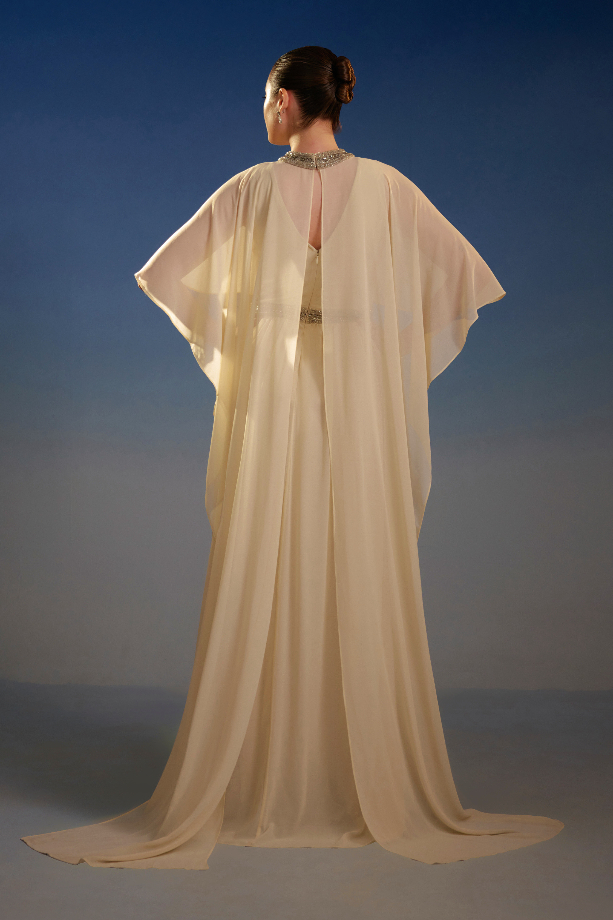 Ivory Embellished Cape Sleeve Maxi Dress