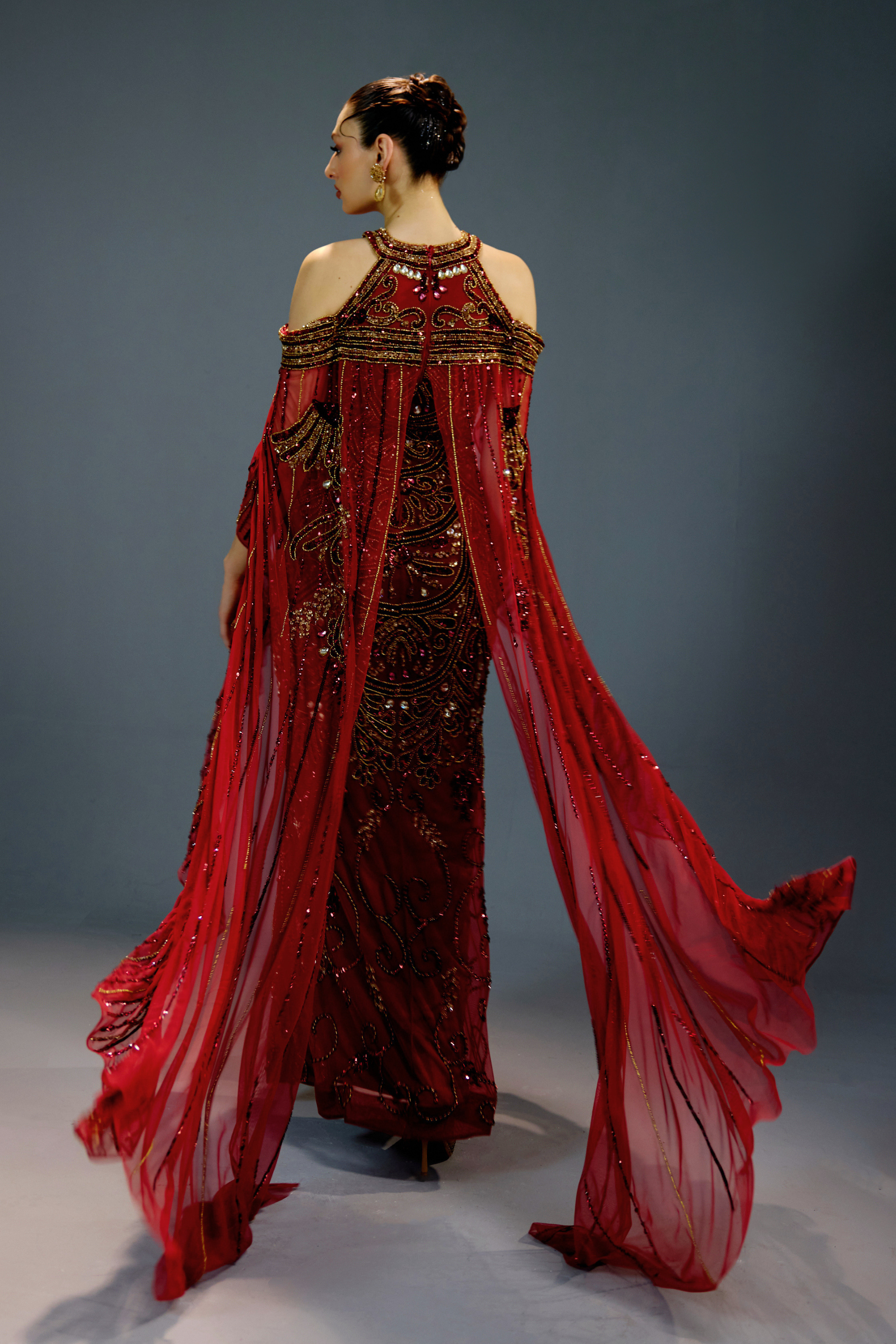 Majestic Scarlet Cape Gown