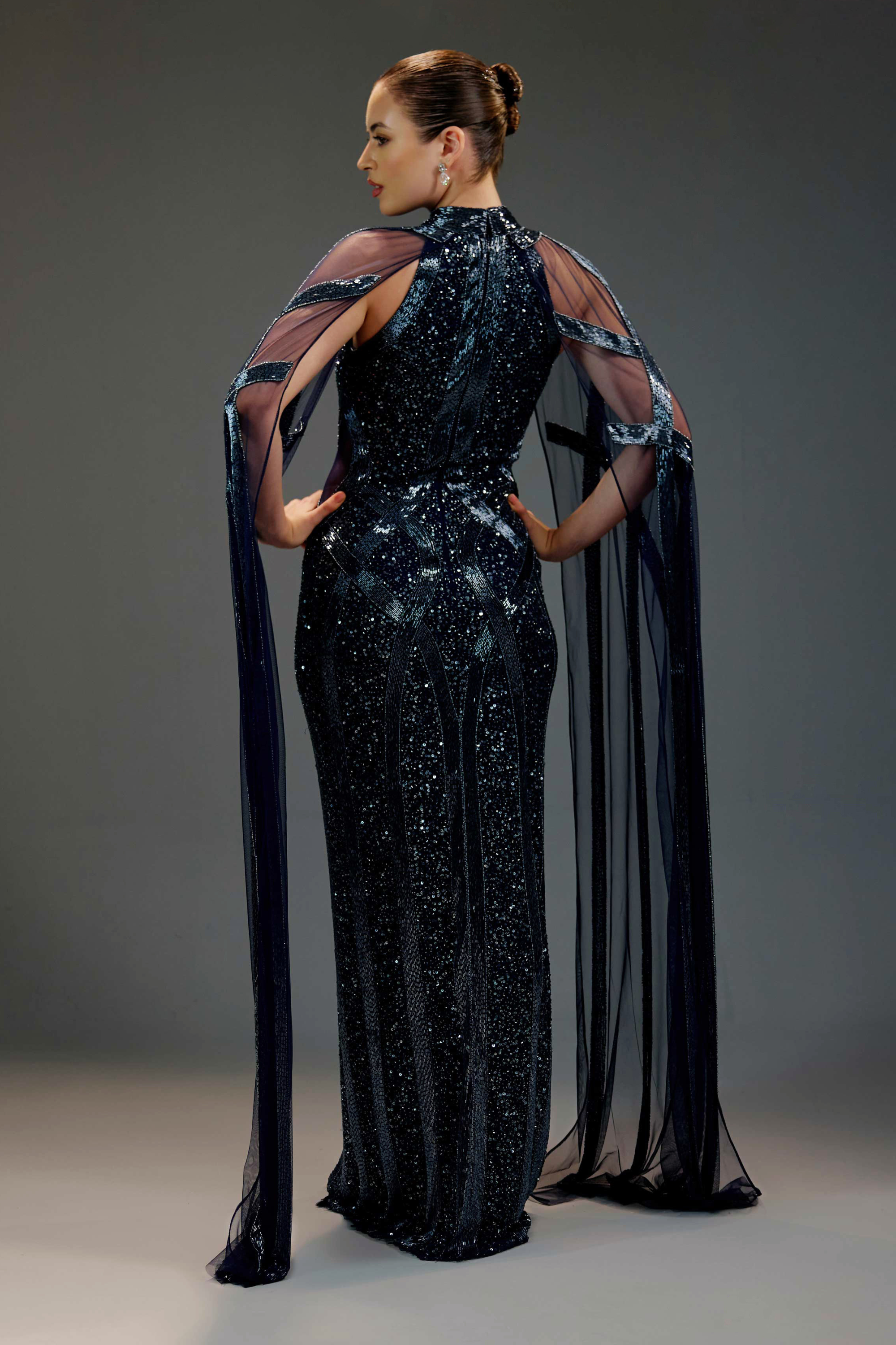 Midnight Blue Cape Sequin Maxi Dress