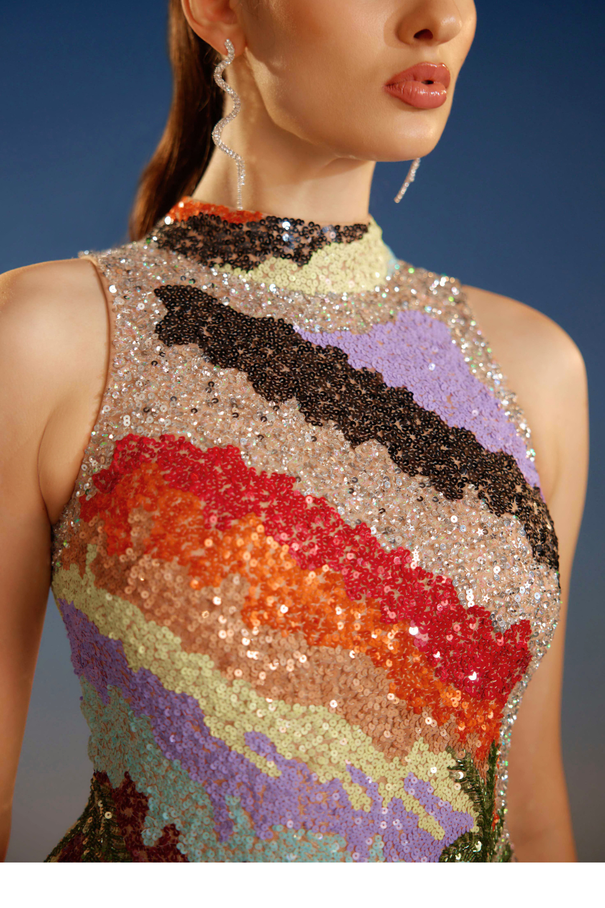Multicolour Sequin Halter Neck Mini Dress