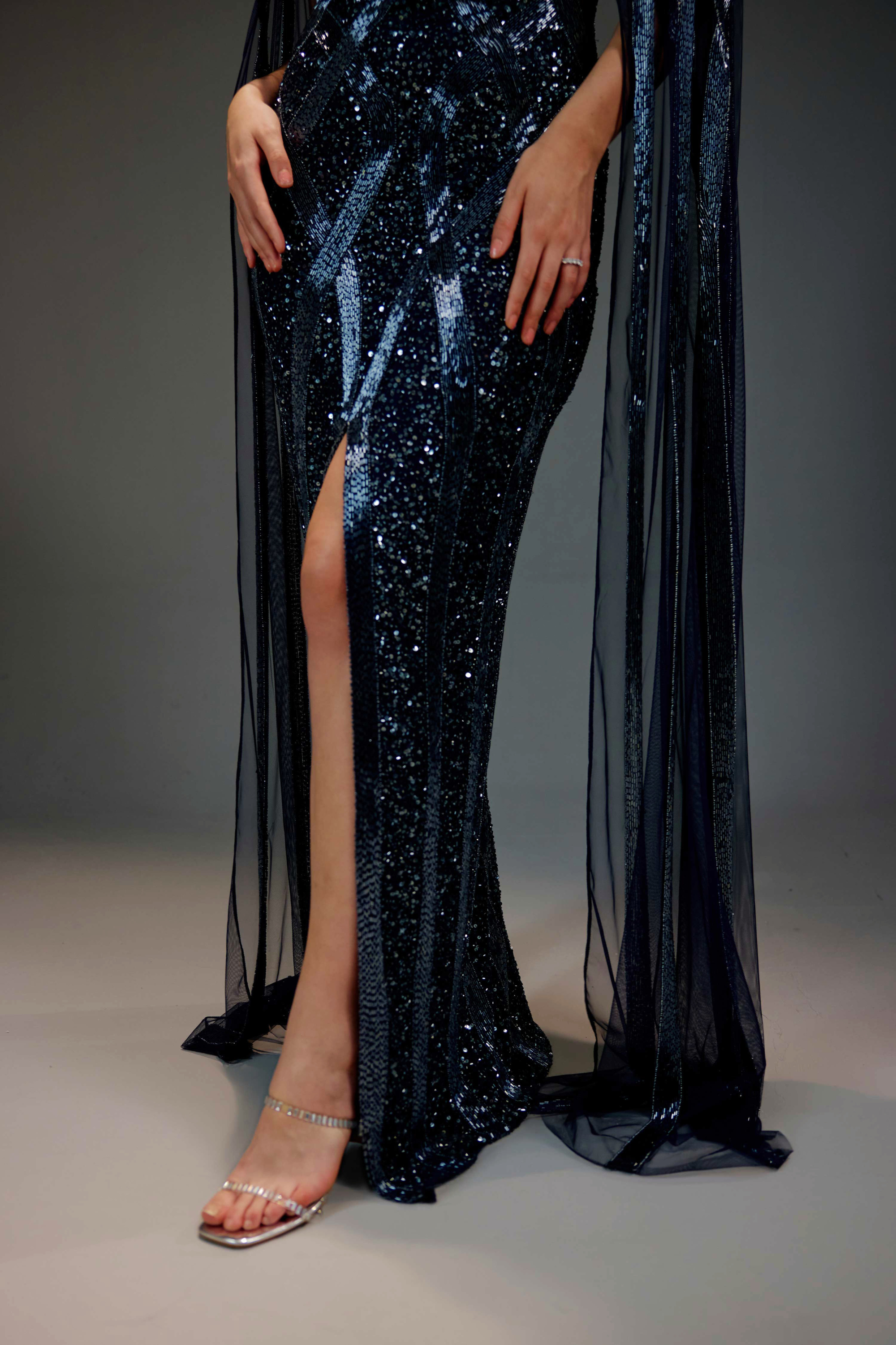 Midnight Blue Cape Sequin Maxi Dress