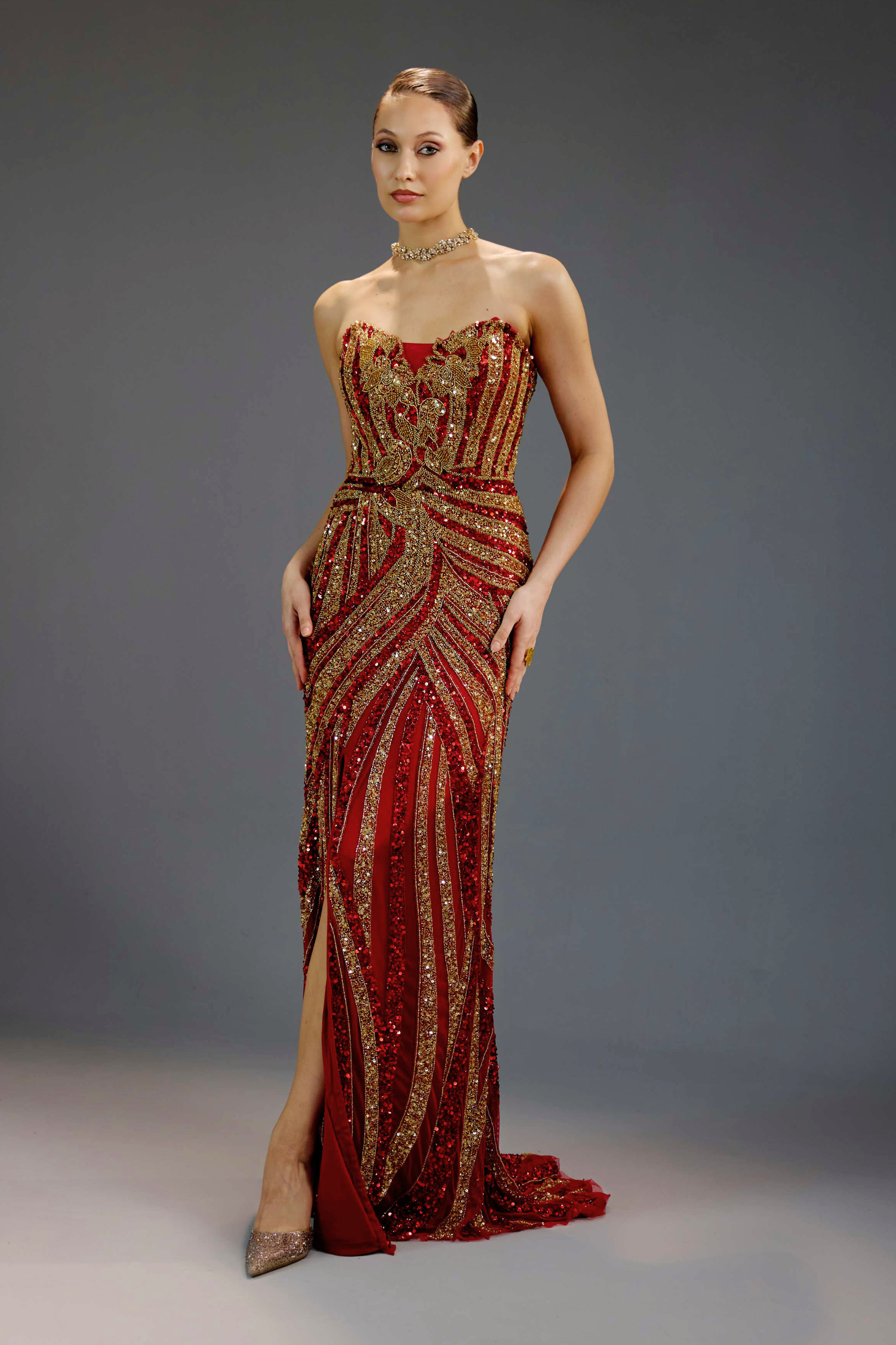 Burgundy All-Over Sequin Maxi Dress