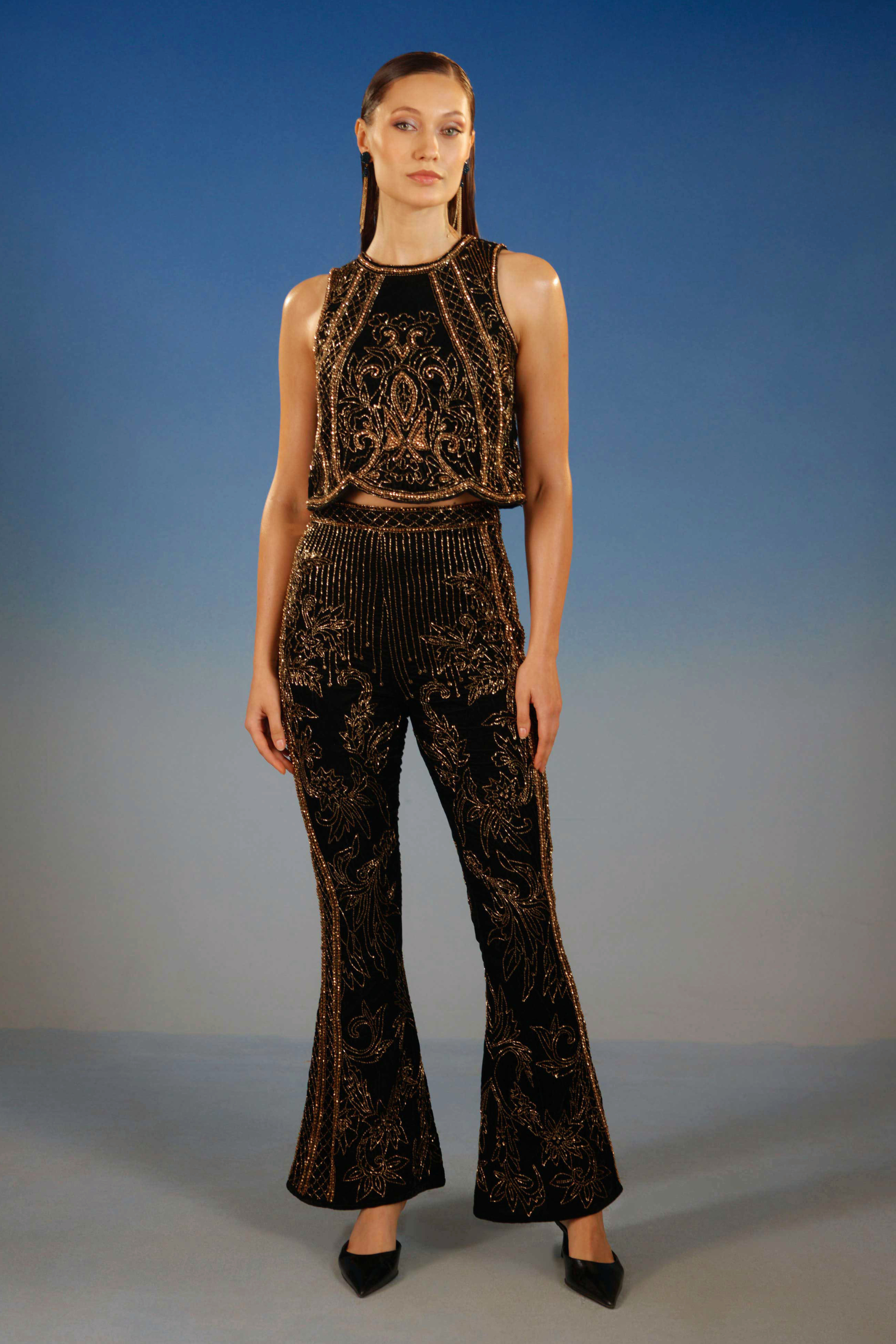 Gold Sequin Halter Two Piece Set
