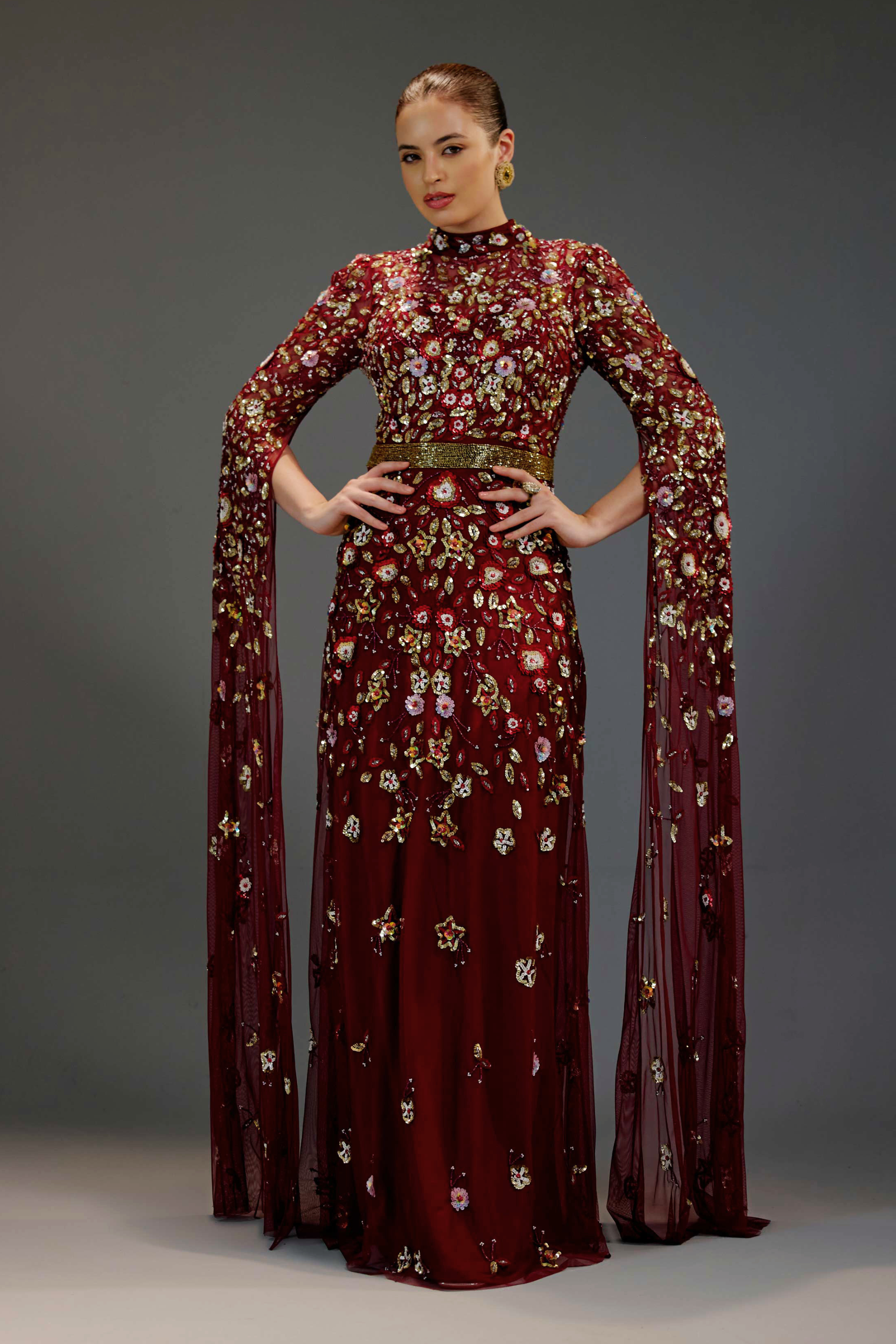 Red Floral Sequin Maxi Dress