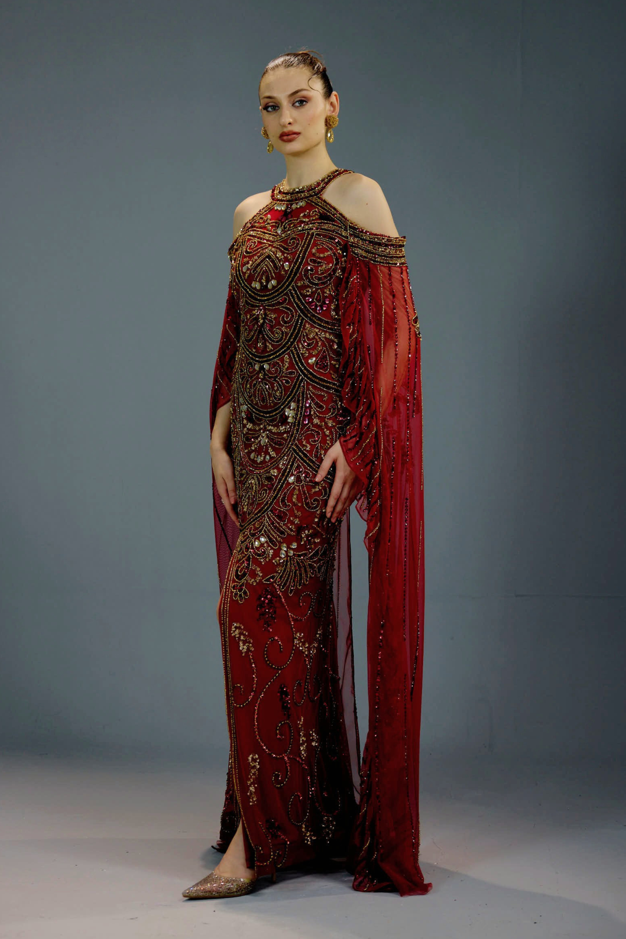 Majestic Scarlet Cape Gown