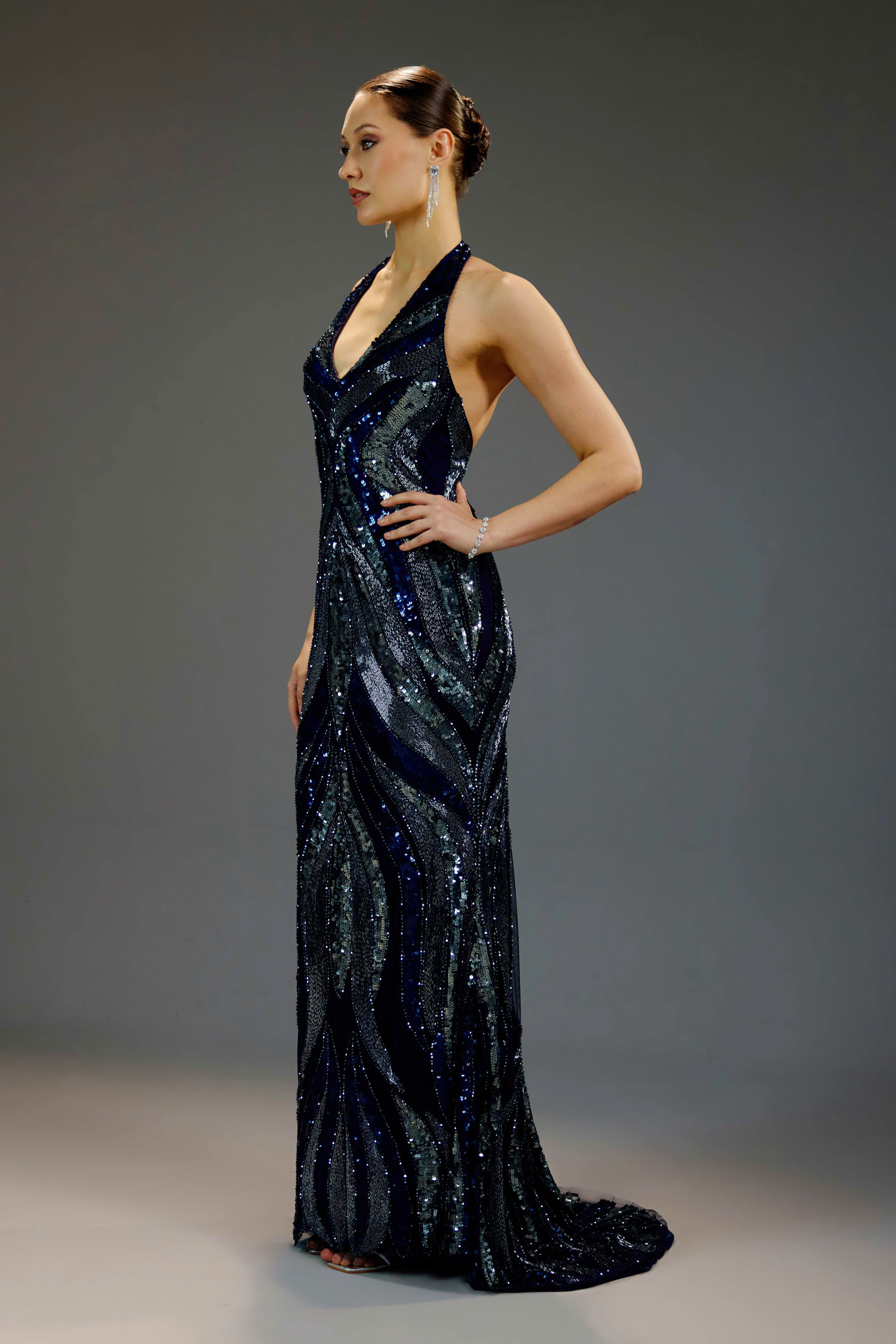 Midnight Blue Deep V Halter Sequin Maxi Dress
