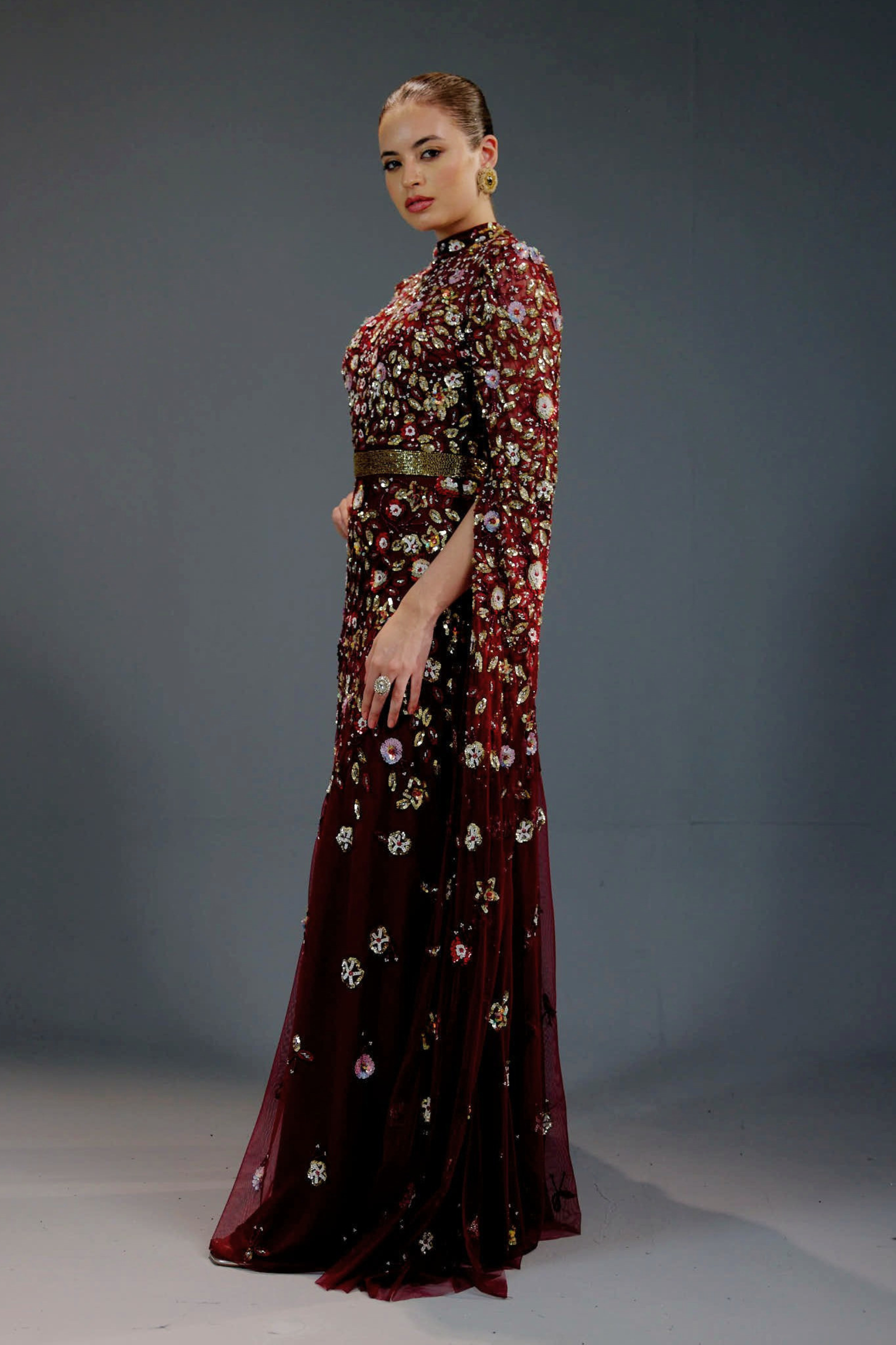 Red Floral Sequin Maxi Dress