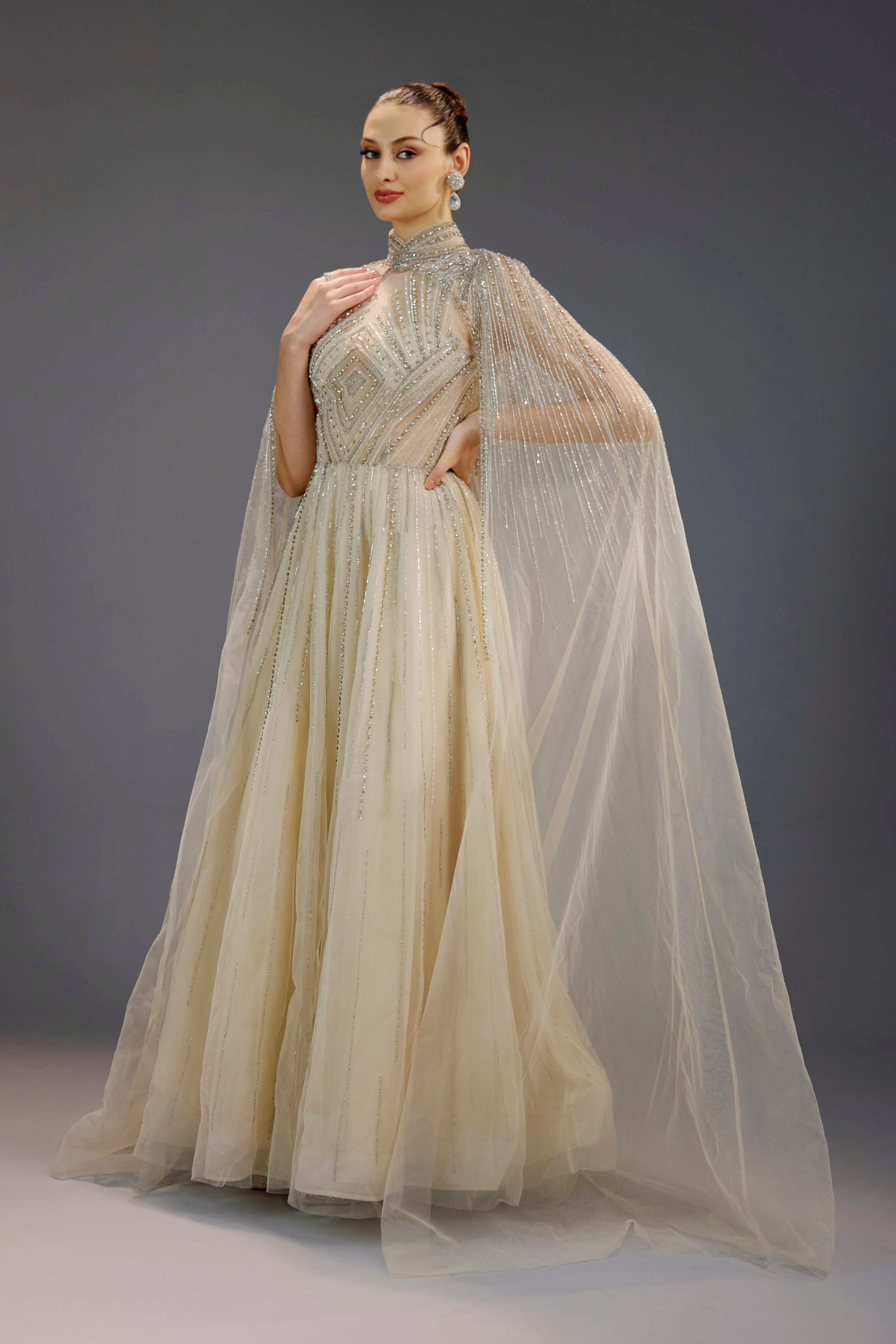 Ivory Pearl Chain Draped High Neck Maxi Dress