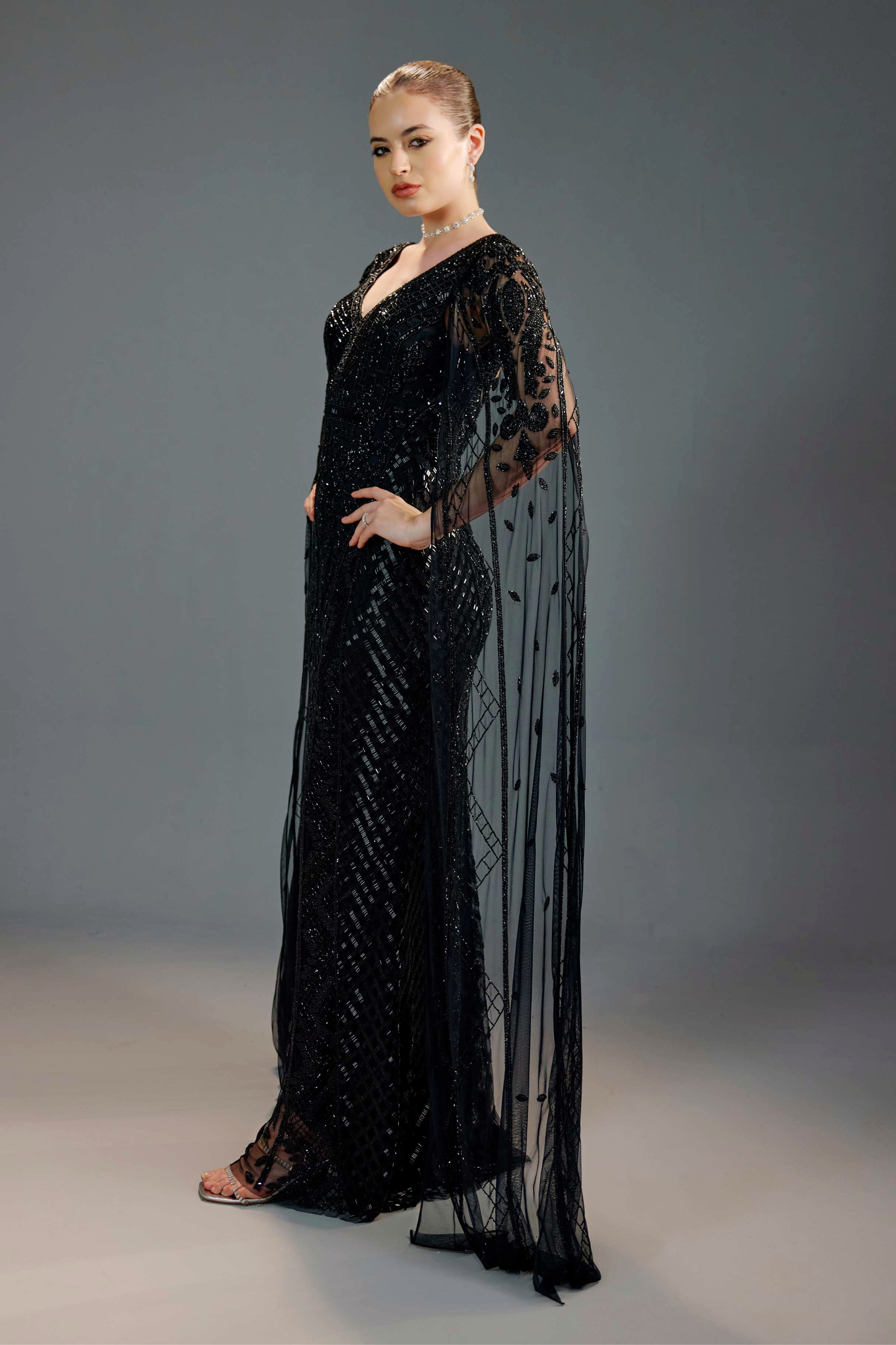 Black V-Neck Cape Sequin Maxi Dress