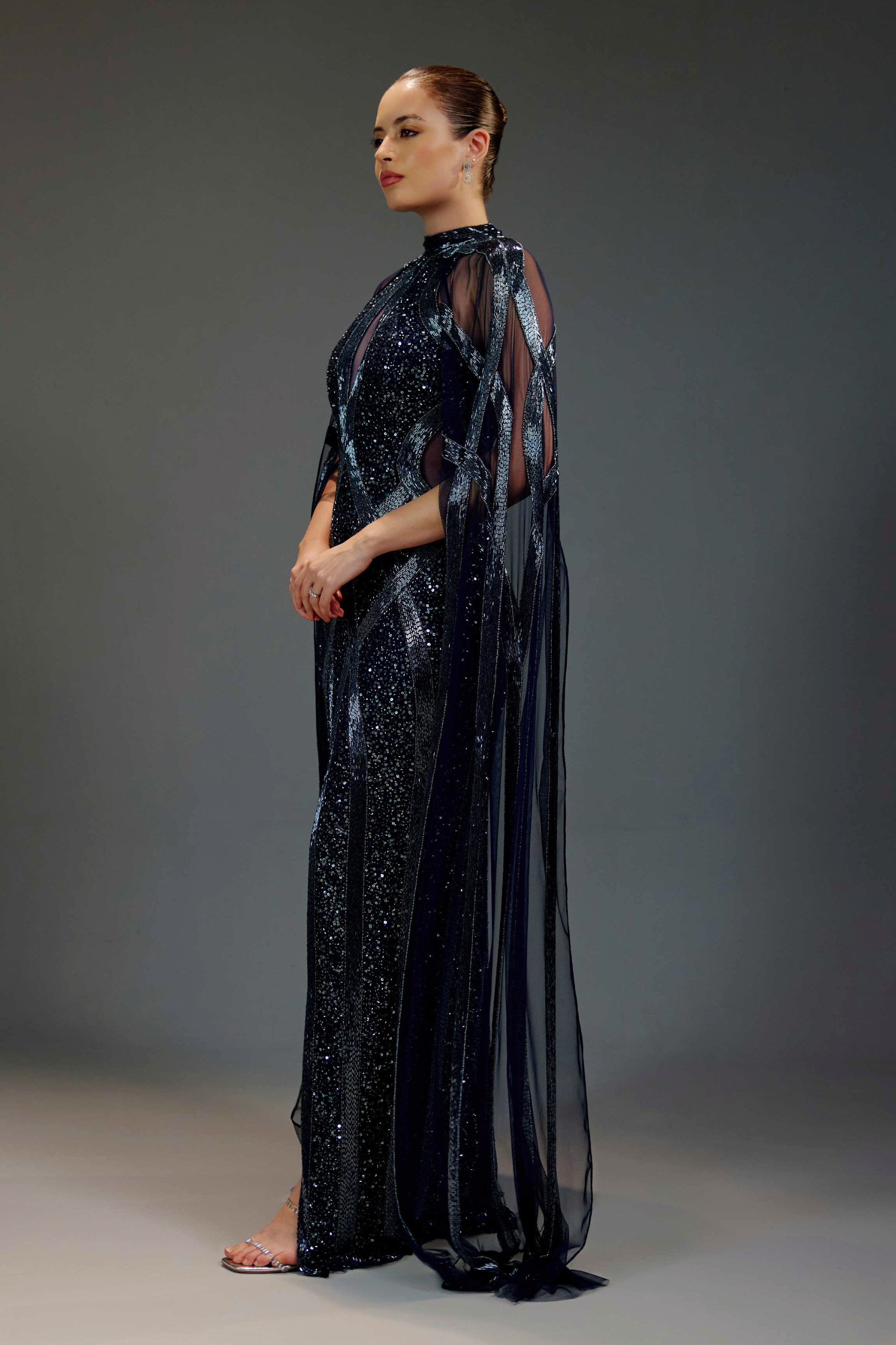 Midnight Blue Cape Sequin Maxi Dress