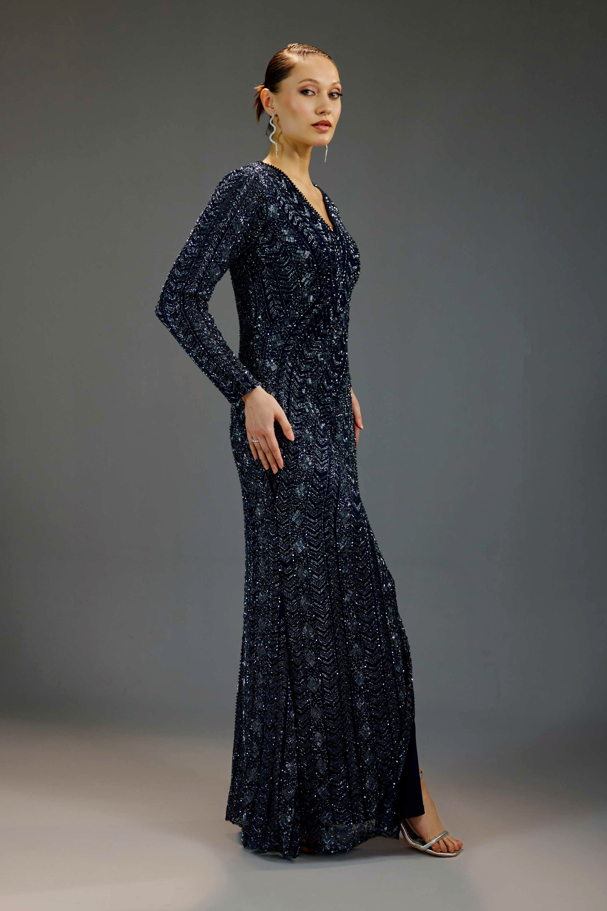 Navy Blue V-Neck Wrap Maxi Dress