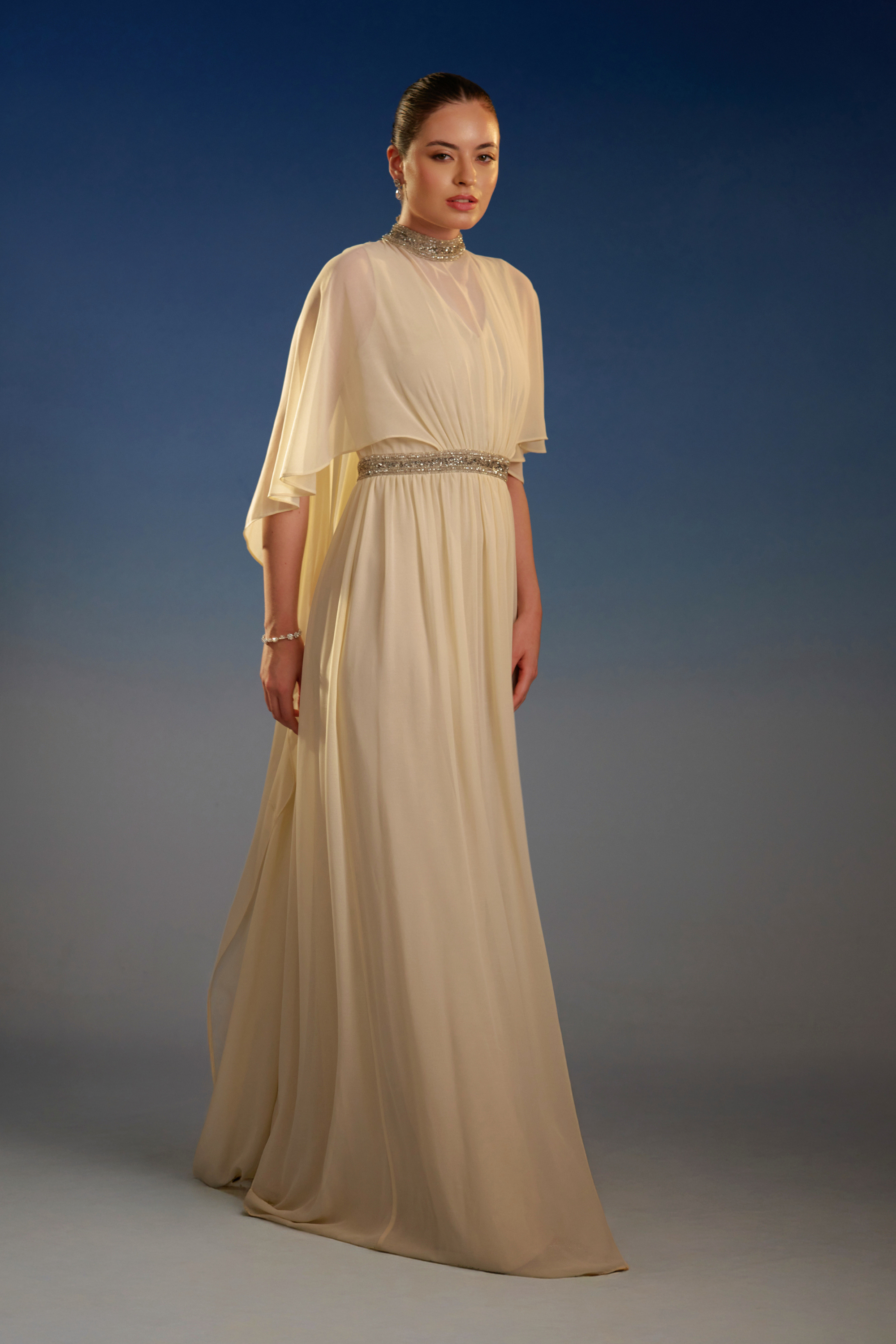 Ivory Embellished Cape Sleeve Maxi Dress