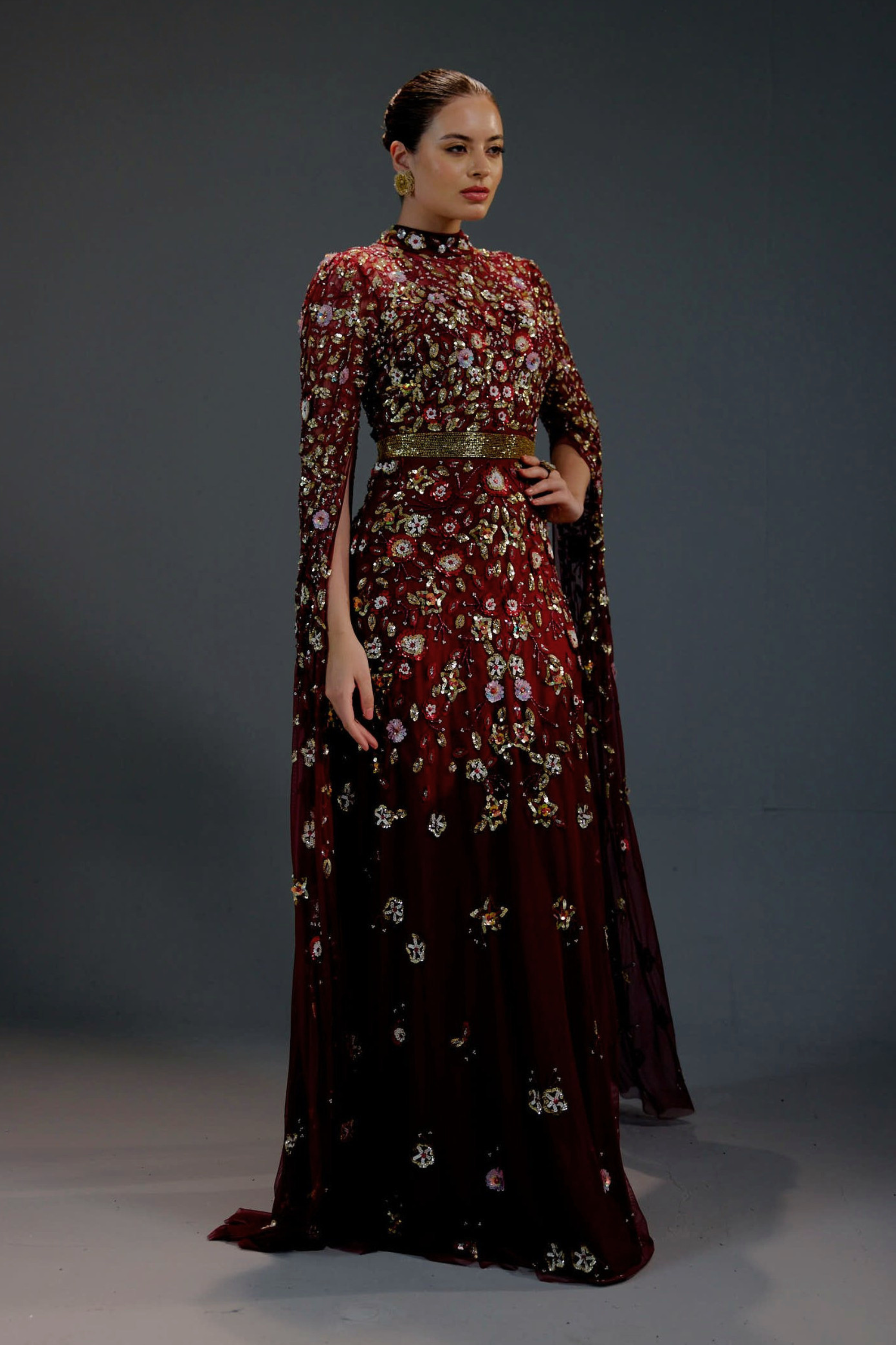 Red Floral Sequin Maxi Dress