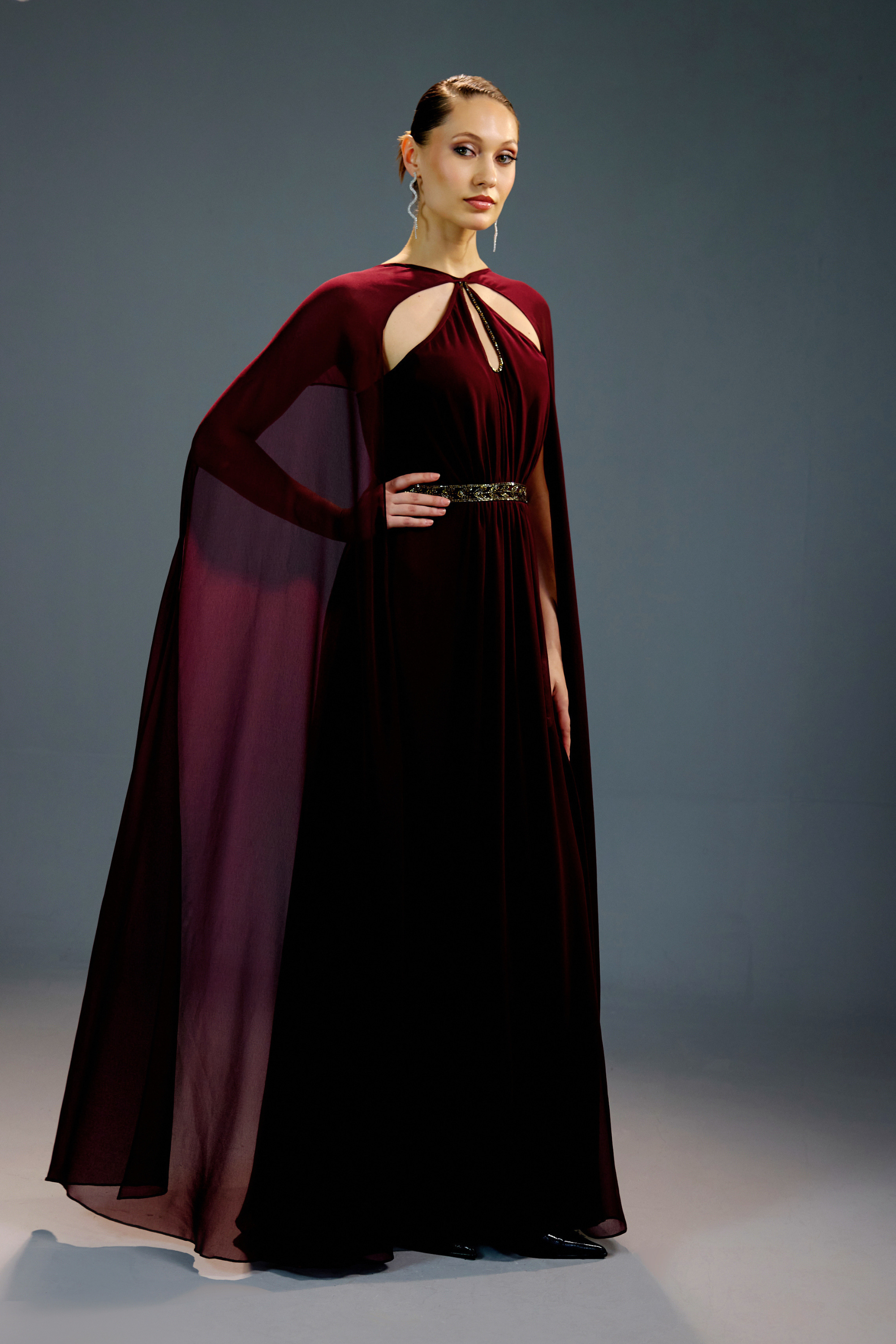 Crimson Velvet Royal Cape Gown